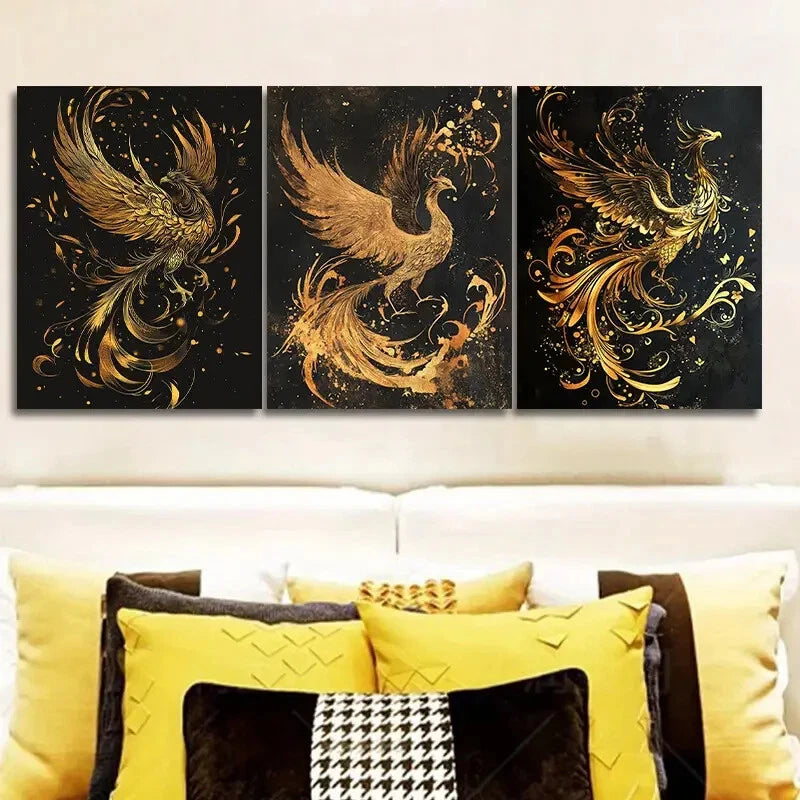 3-Piece Black and Gold Phoenix Metal Wall Art - Ready to Hang, Modern Home Decor for Living Room, Bedroom & Office