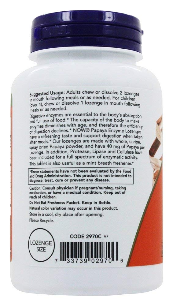 NOW Foods Papaya Enzymes 180 Lozenges - Natural Digestive Aid for Bloating & Indigestion - Chewable Fruit Enzyme Supplement for After Meals & Travel Comfort