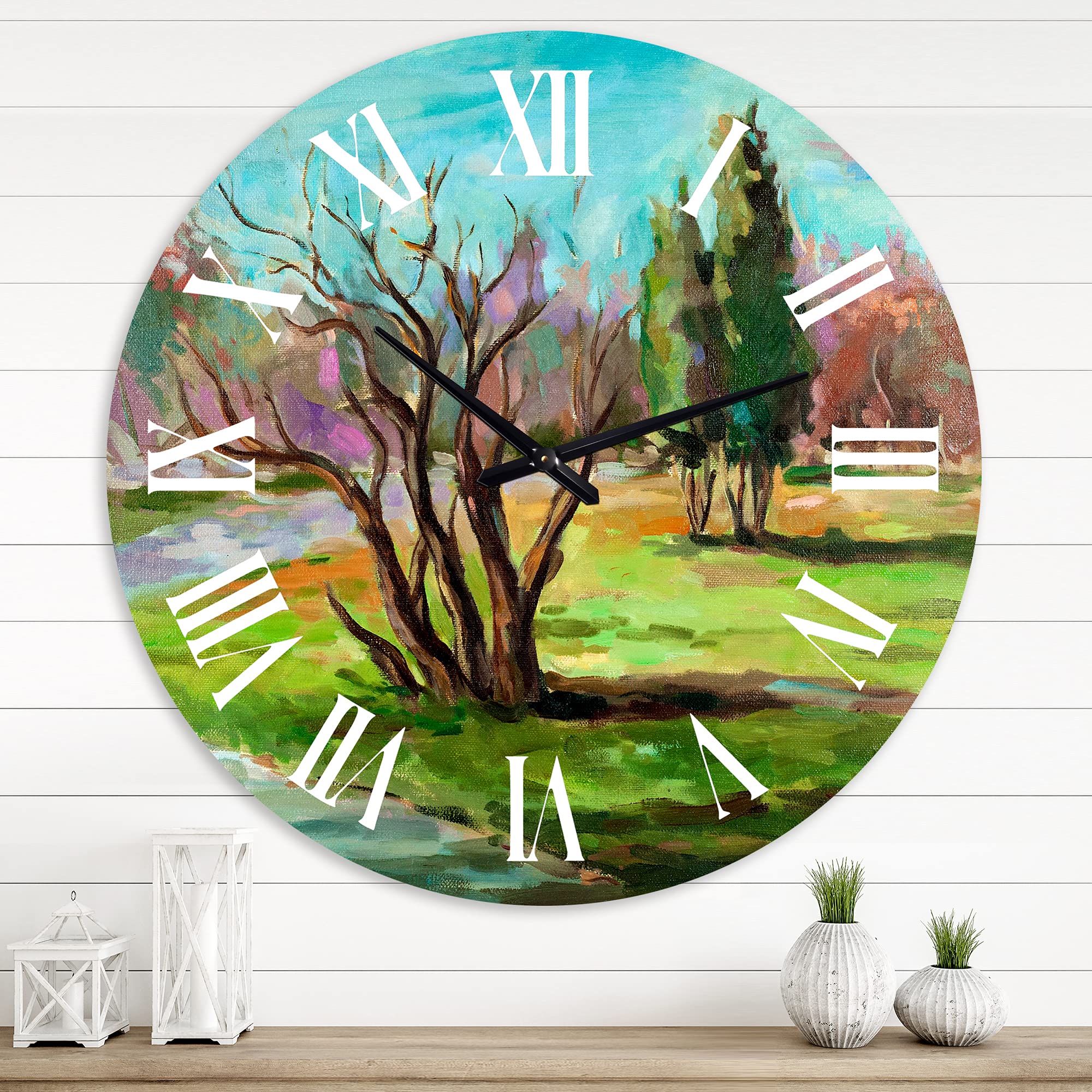 Large Traditional Wall Clock - Two Distant Trees in Green Landscape - Nature-Themed Office Decor for Home & Workplace | Perfect for Living Room, Bedroom, and Office Spaces