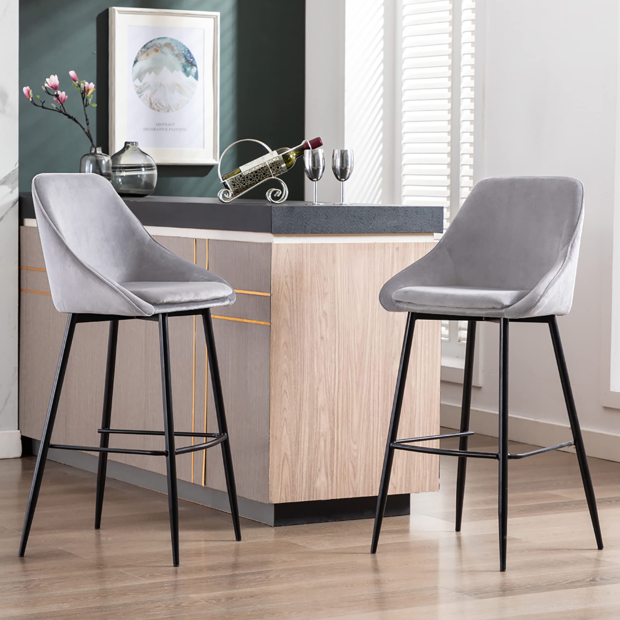Porthos Home Ugo Bar Stools Set of 2 - Low Back Armrest Bar Chairs with Soft Velvet Upholstery & Sturdy Iron Legs - Comfortable Counter Height Stools with Footrest - Perfect for Kitchen Island, Breakfast Nook, and Home Bar Decor