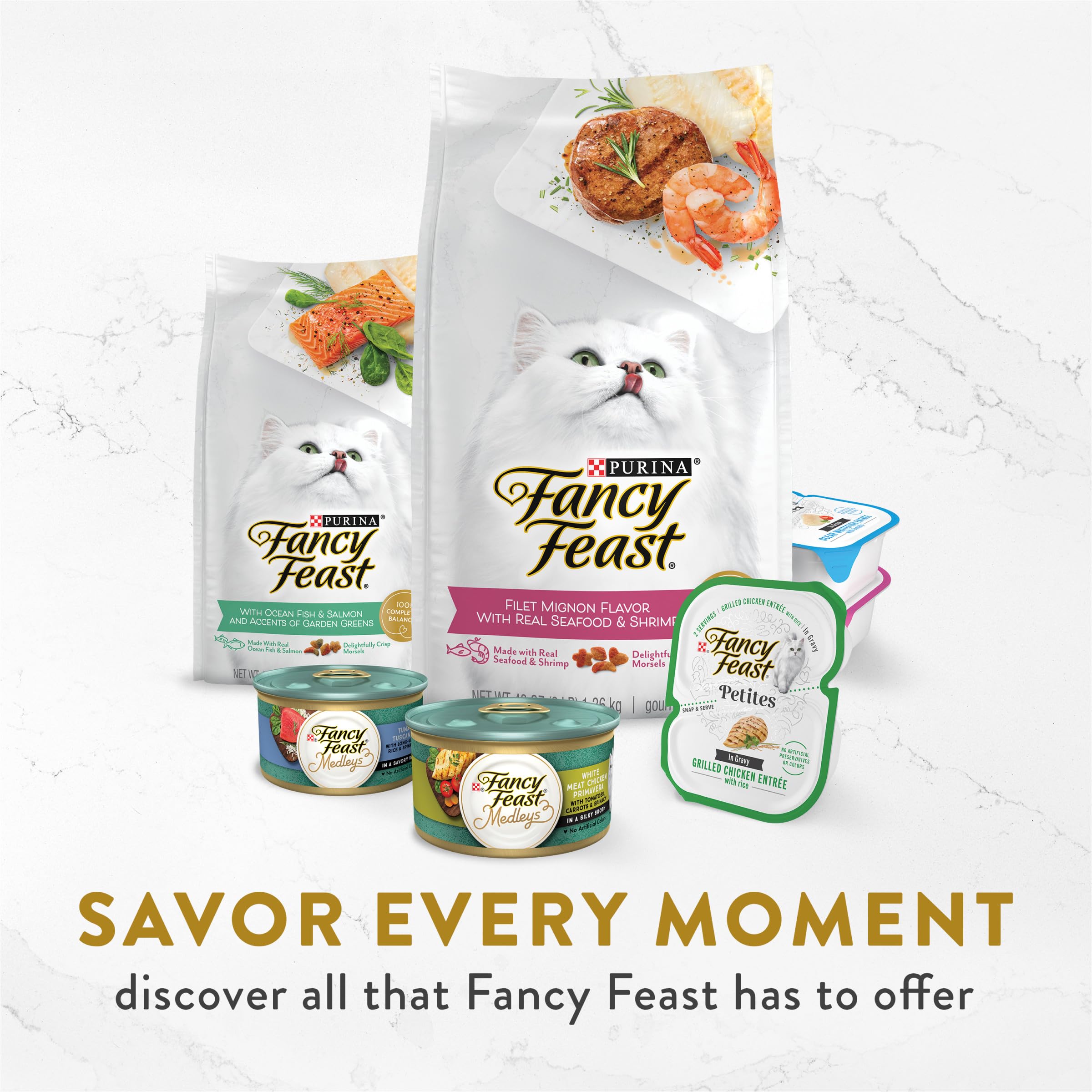 Purina Fancy Feast Grain-Free Wet Cat Food Topper - Ocean Fish & Shrimp Flavor (10 Pack, 1.1 oz Trays) | Delicious Appetizer for Picky Eaters & Senior Cats | Perfect for Mealtime Enhancement & Weight Gain Support
