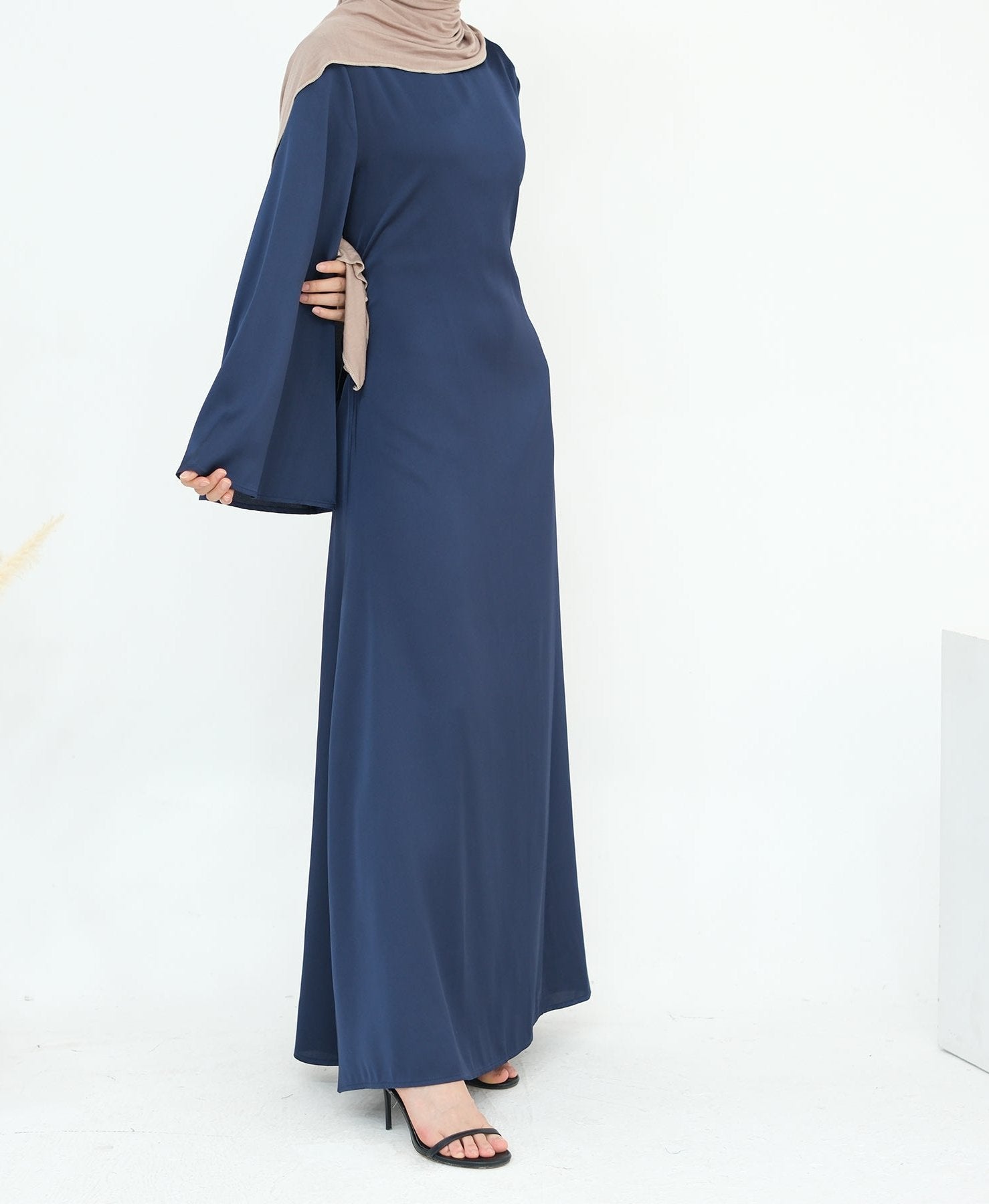 Elegant Calista Trumpet Sleeves Satin Dress in Denim Blue - Perfect for Weddings, Parties & Special Occasions