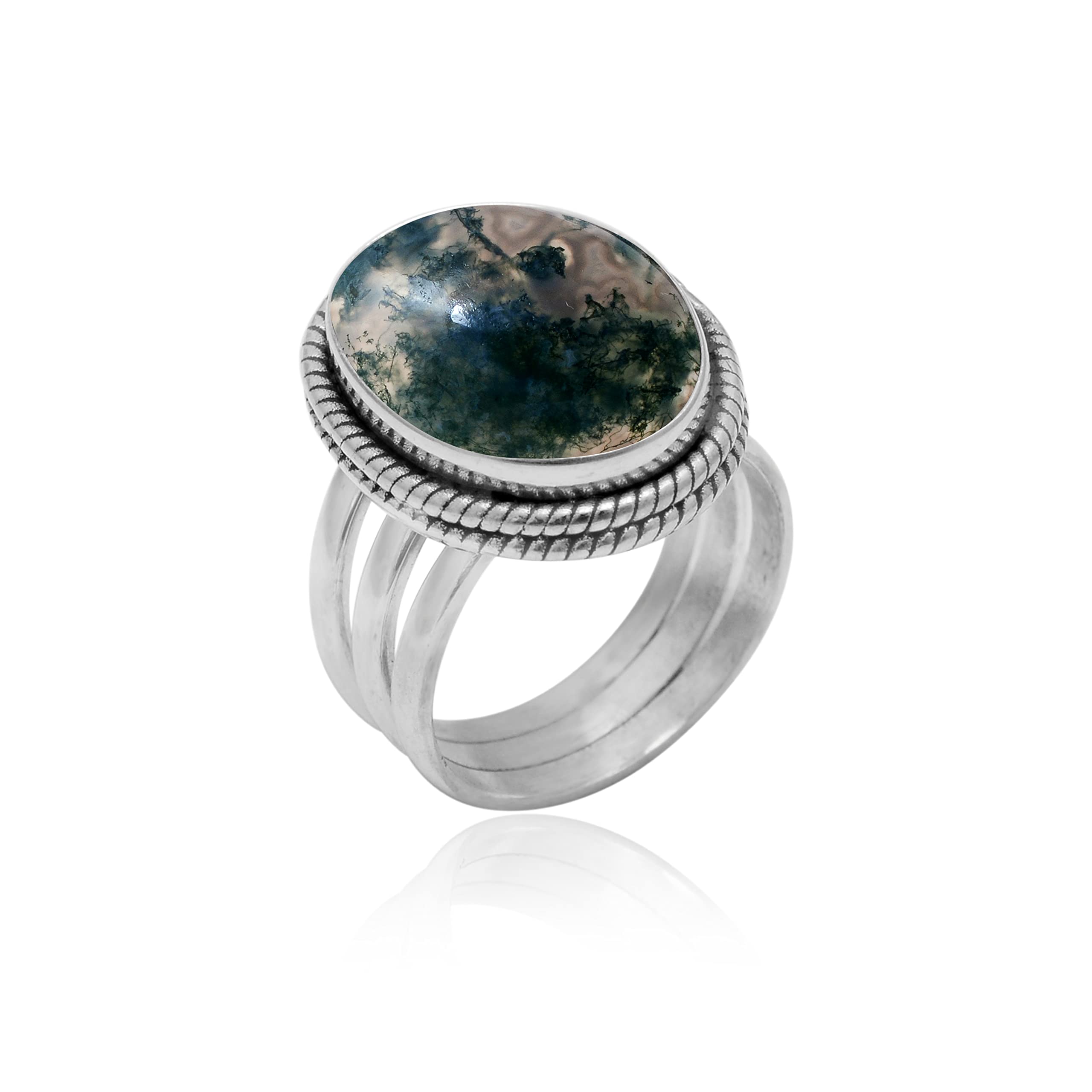Veracity Jewelry Moss Agate Rings for Women - 925 Sterling Silver Healing Meditation Rings with Natural Green Gray Moss Agate Gemstone - Elegant Spiritual Jewelry for Yoga, Meditation & Everyday Wear - VSR-116