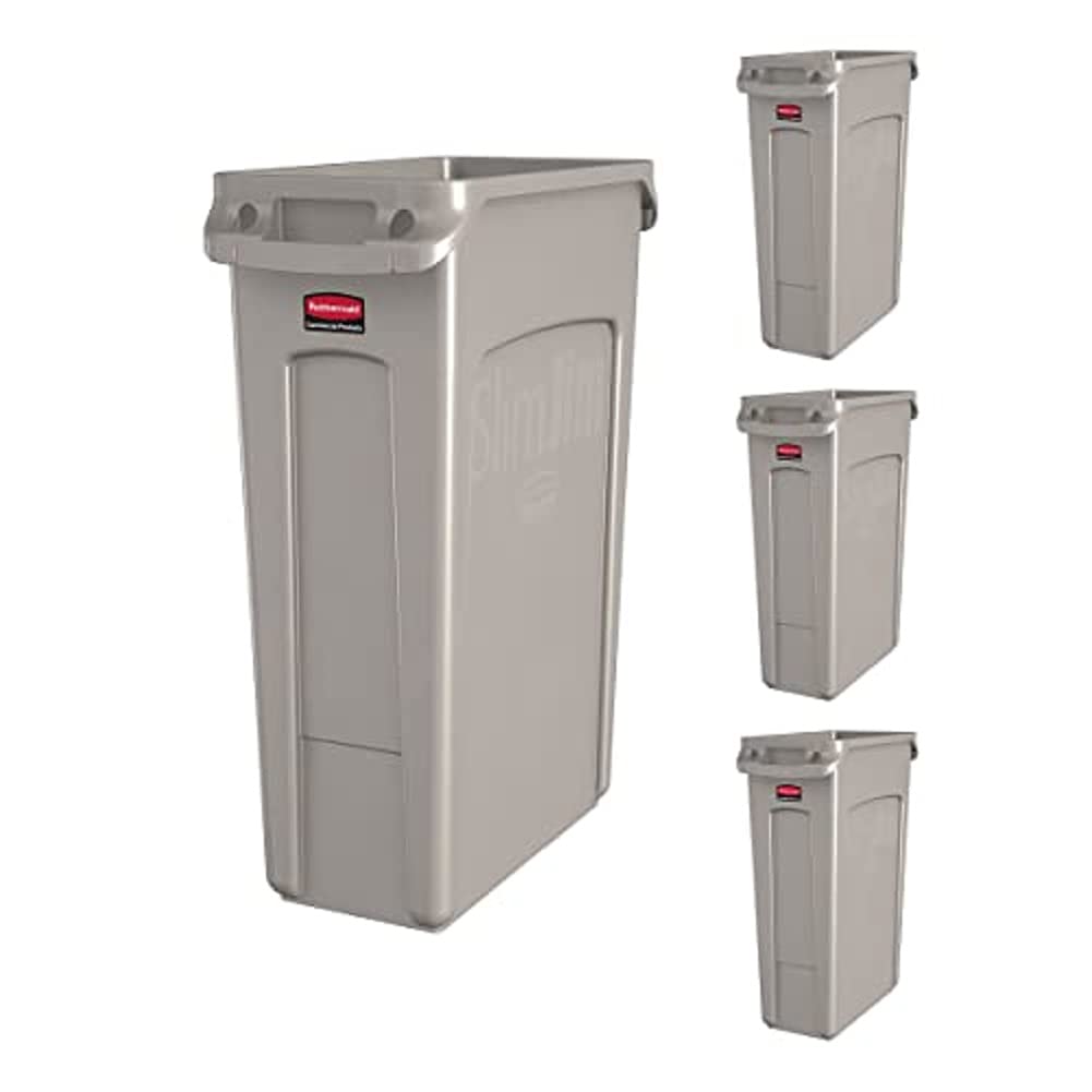 Rubbermaid 23 Gallon Slim Jim Plastic Rectangular Trash Can with Venting Channels - Beige, Pack of 4 - Ideal for Kitchen, Classroom, Office & Back of House Waste Disposal