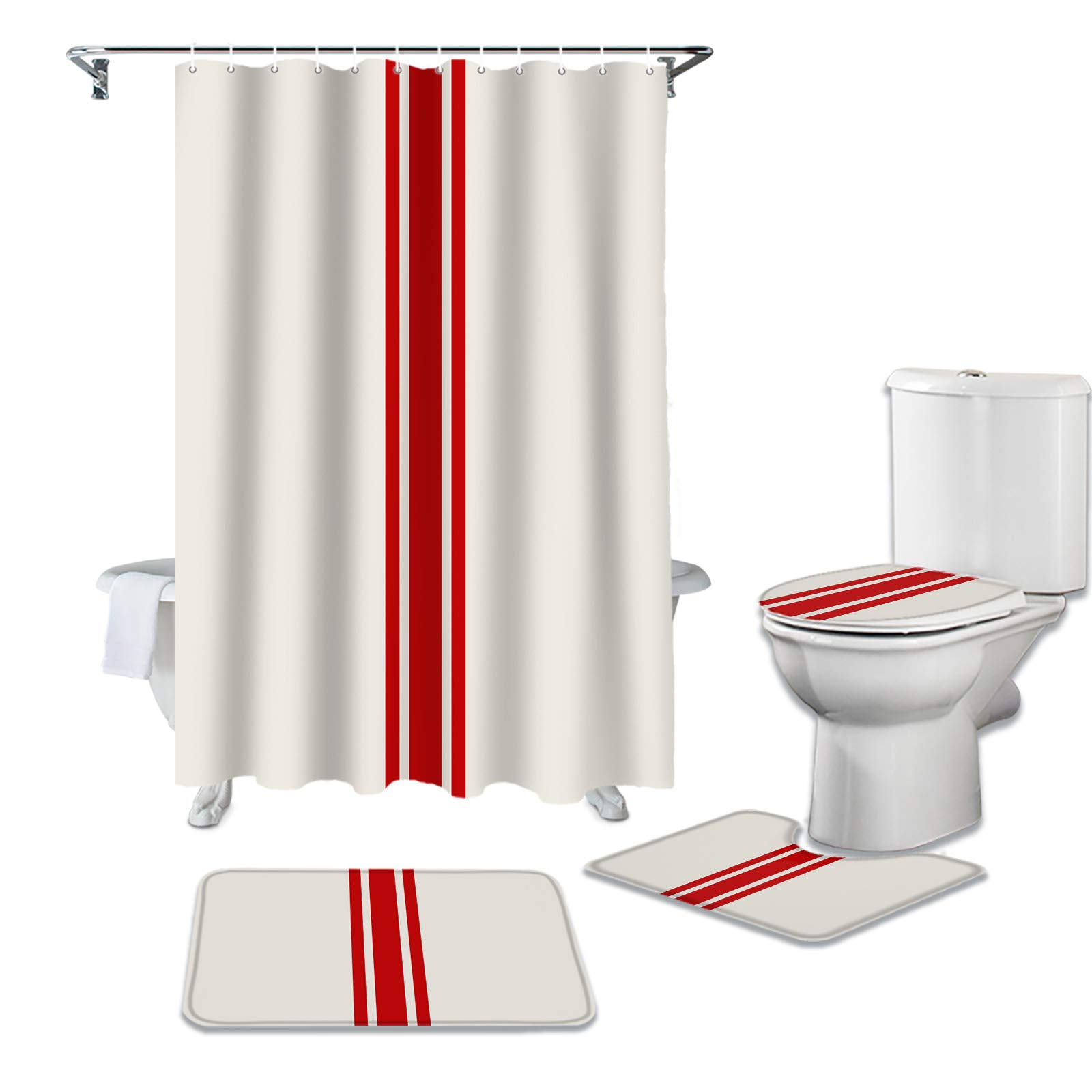4PCS Non-Slip Bathroom Mat Set - Red Stripes Shower Curtain, Toilet Seat Cover & Rugs for Valentine's Day Bathroom Decor | Water Absorbent & Anti-Skid for Bath, Shower & Vanity Areas