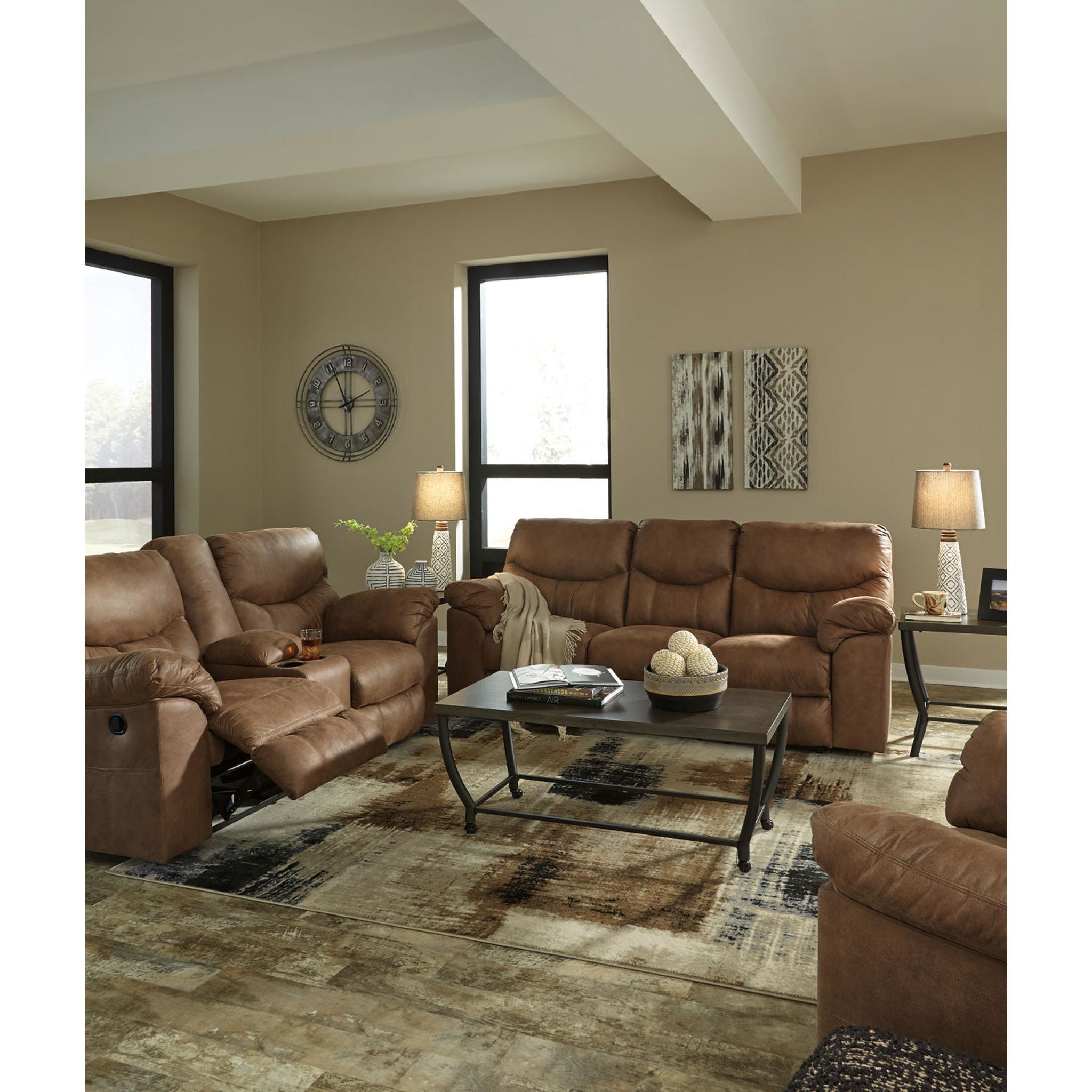 Boxberg Reclining Loveseat with Console in Bark Brown - Modern Reclining Sofa for Living Room, Home Theater & Small Spaces - Comfortable Two-Seater with Cup Holders and USB Ports