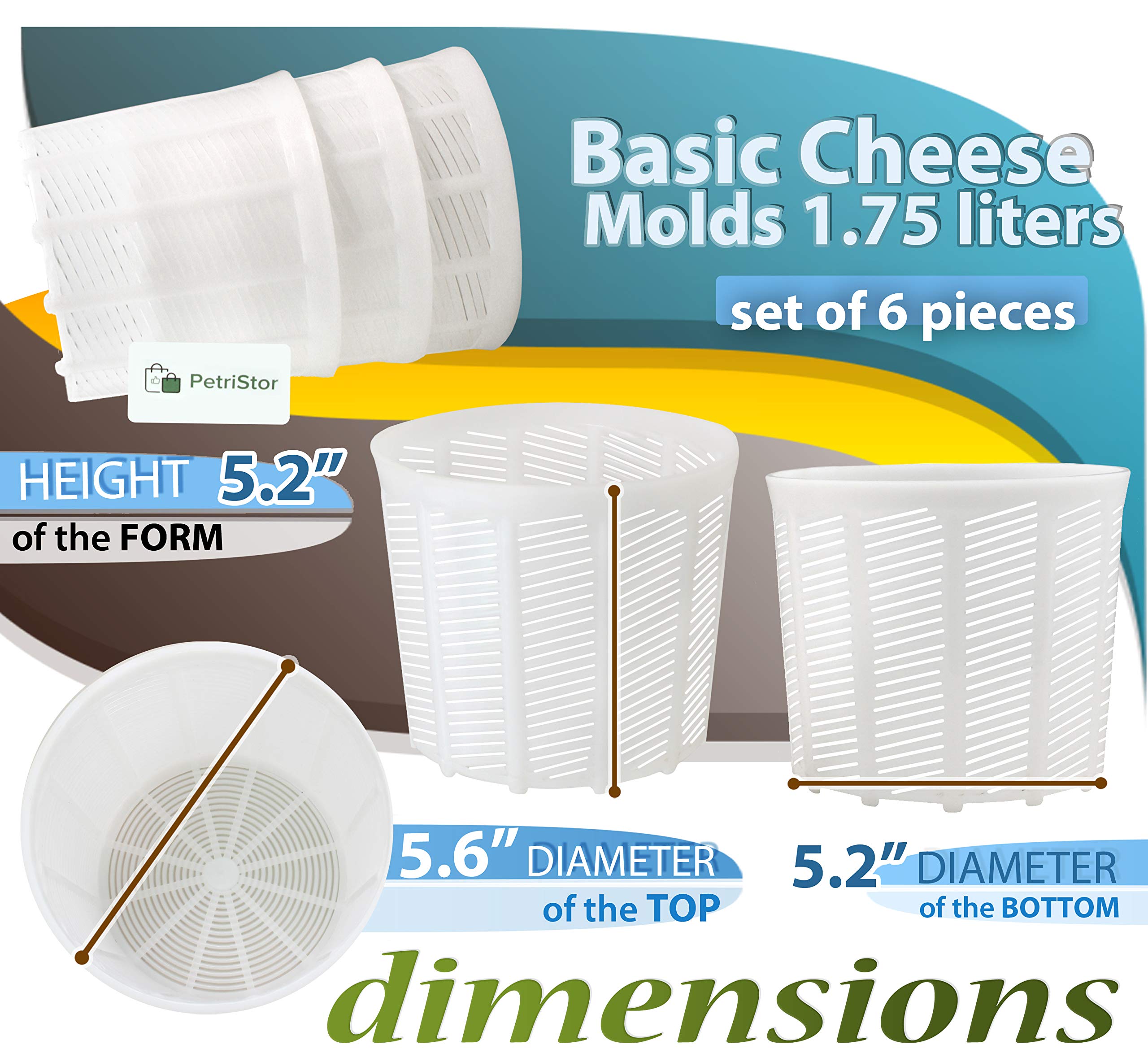 PetriStor 6-Piece Soft Cheese Mold Set for Homemade Cheese Making - 1.85QT Cream Cheese & Feta Mold - Stainless Steel Cheese Form Basket - DIY Cheese Making Supplies for Fresh Cheese, Mozzarella & Ricotta - Perfect for Home Cheesemaking, Gifts & Culinary Classes