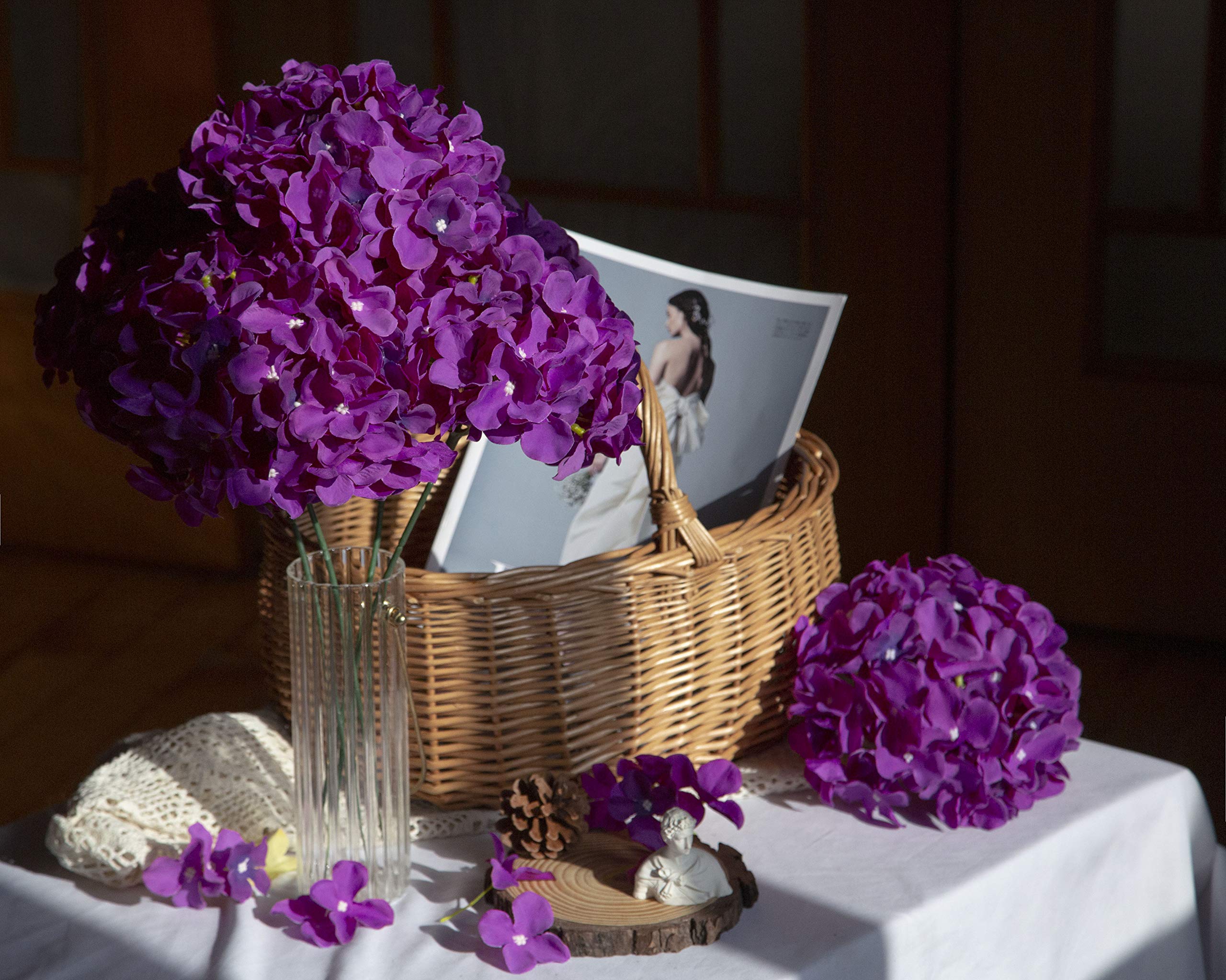 DuHouse 6-Pack Dark Purple Hydrangea Silk Artificial Flowers with Stems - Fake Flower Heads for Wedding Centerpieces, Home Decor, Table Arrangements & Party Decorations