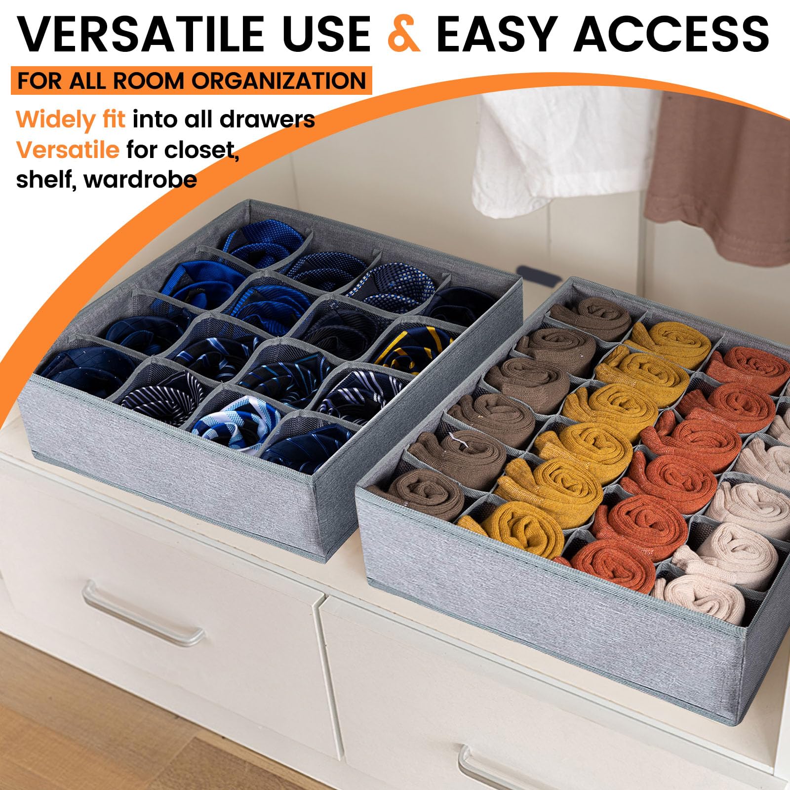Criusia 3-Pack Sock & Underwear Organizer Dividers - 64-Cell Foldable Fabric Drawer Storage Box for Socks, Underwear, Ties (16+24+24 Cells, Gray) | Closet Cabinet Organization for Men & Women
