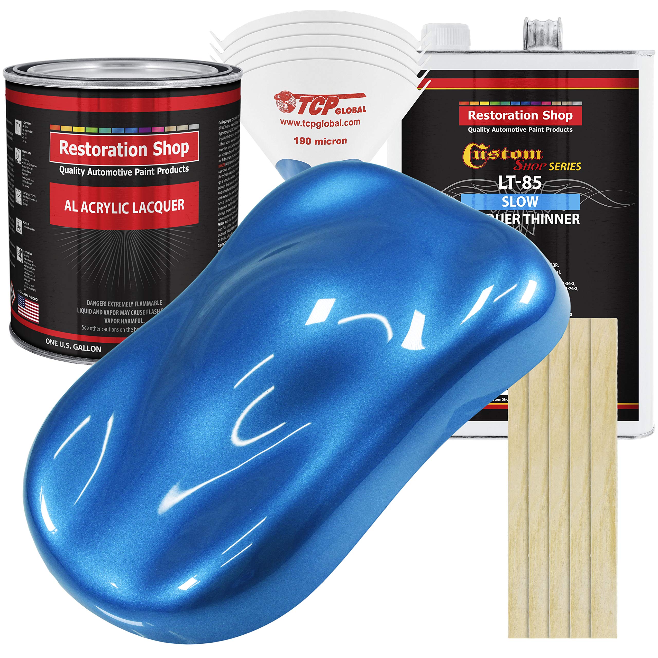 Restoration Shop - Fiji Blue Metallic Acrylic Lacquer Auto Paint Kit - 1 Gallon with Slow Dry Thinner - High Gloss Professional Finish for Cars, Trucks, Motorcycles, Guitars & Furniture - Perfect for DIY Auto Restoration & Custom Painting Projects