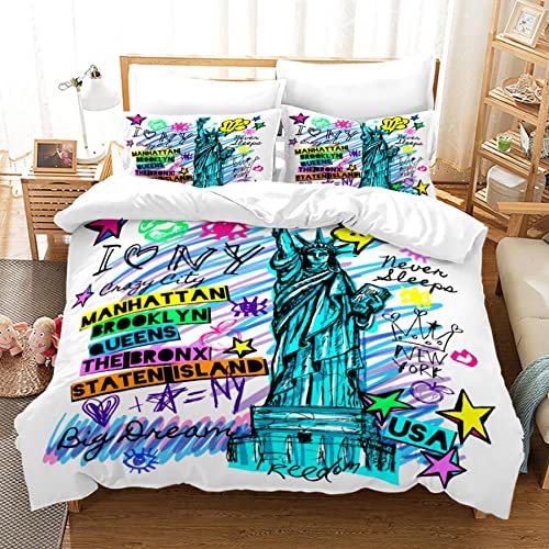 Statue of Liberty Graffiti Duvet Cover Set - Queen Size Bedding with Pillowcases (No Comforter Included) | Urban Themed Bedroom Decor for Teens & Adults
