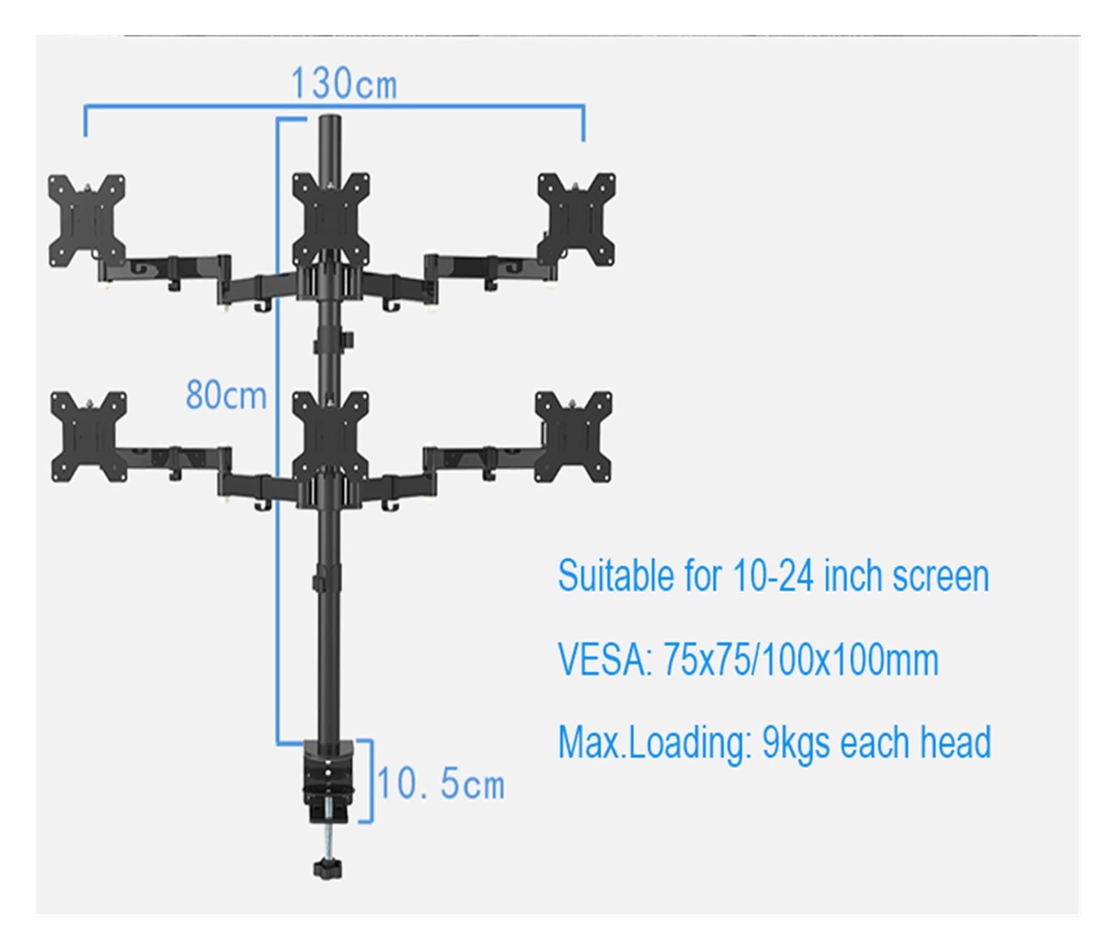 6 Arm LCD LED Monitor Stand - Full Motion Desktop Mount Bracket Holds 9kg per Head | Multi-Screen Setup for Gaming, Trading & Office Workstations