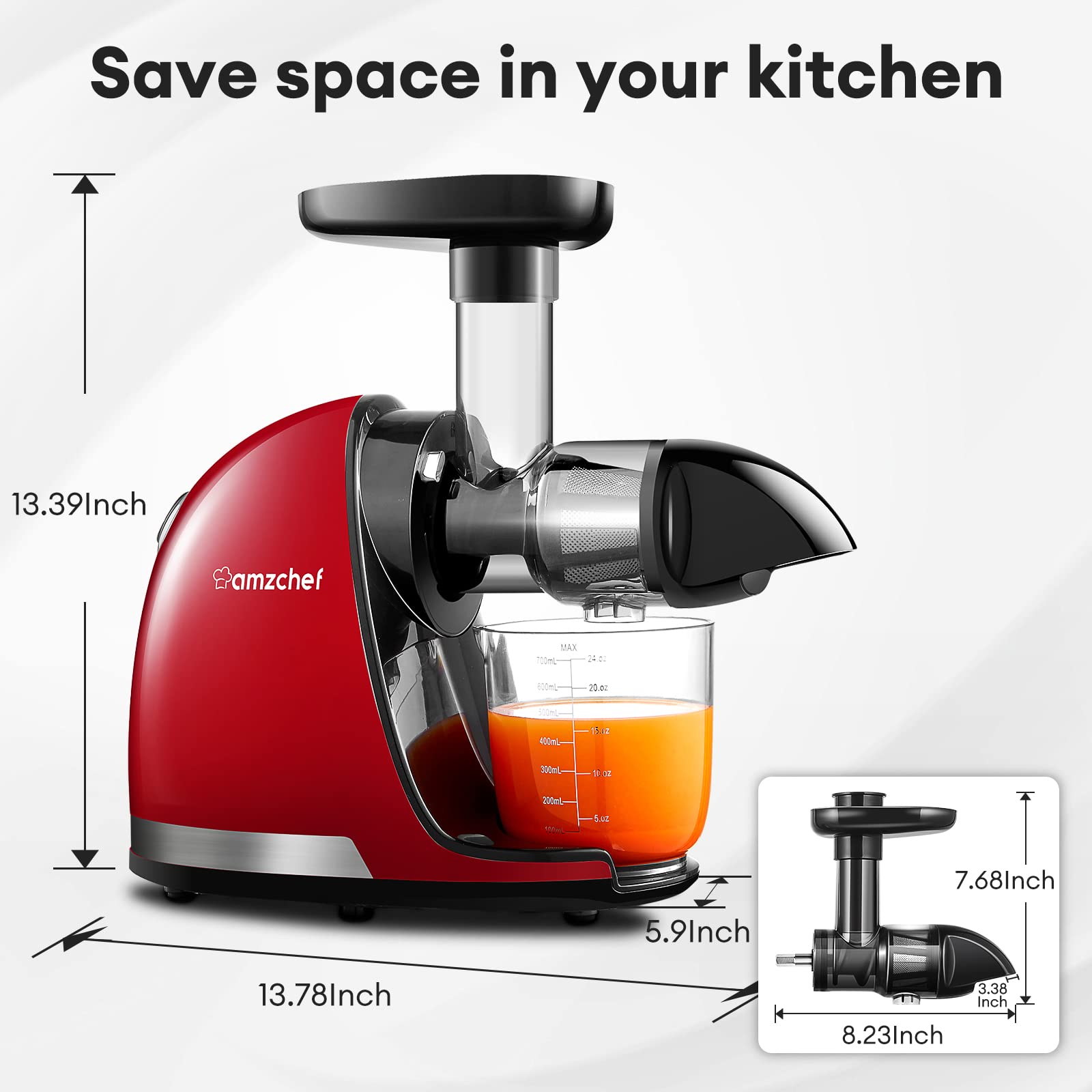 AMZCHEF Slow Juicer - Quiet Masticating Cold Press Juicer with Reverse Function for High Nutrient Fruit & Vegetable Juice, Easy to Clean with Brush, Red (Perfect for Healthy Smoothies, Detox Drinks & Family Breakfast)