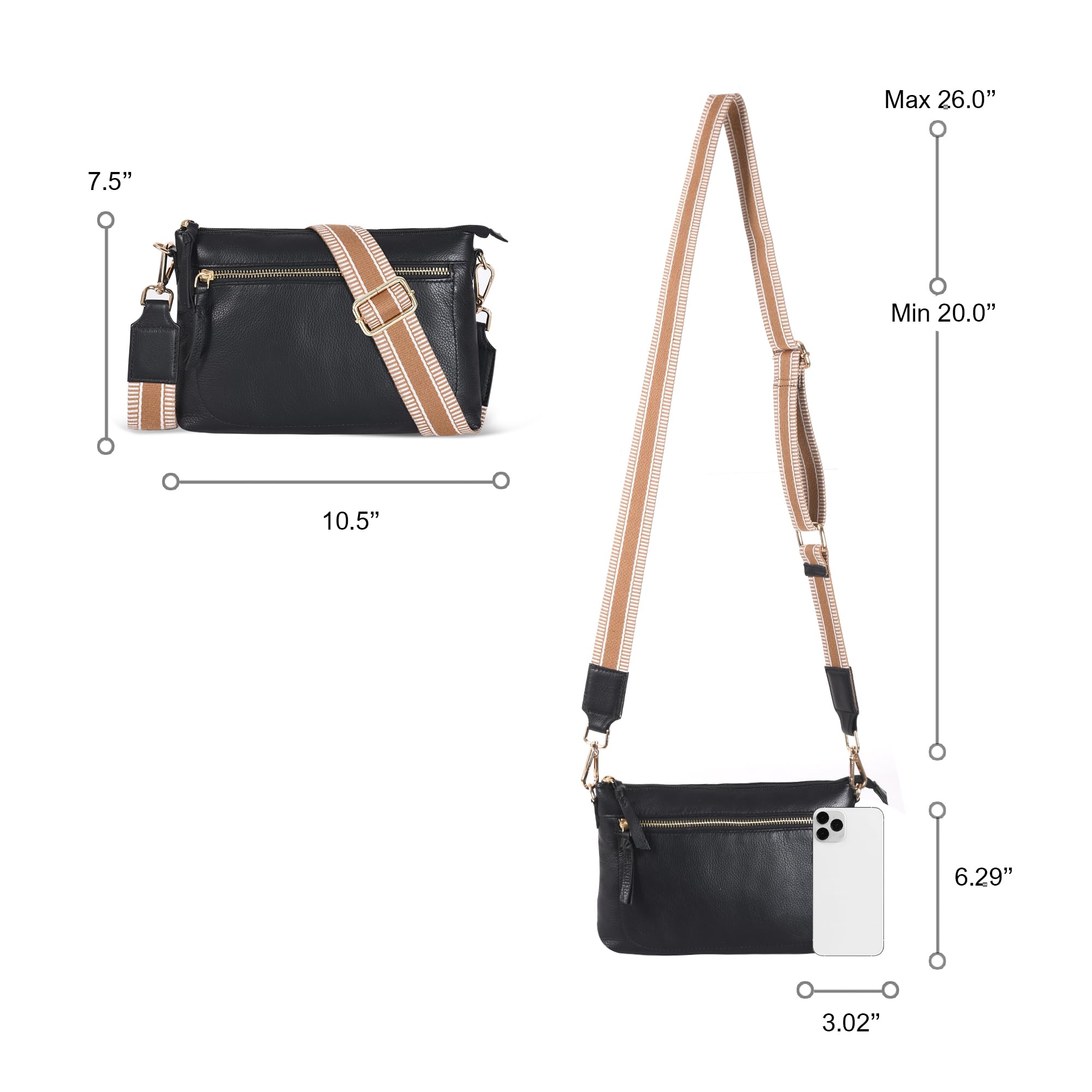 Genuine Leather Crossbody Bag for Women - Adjustable Wide Strap Small Shoulder Purse | Perfect for Everyday Use, Travel & Shopping