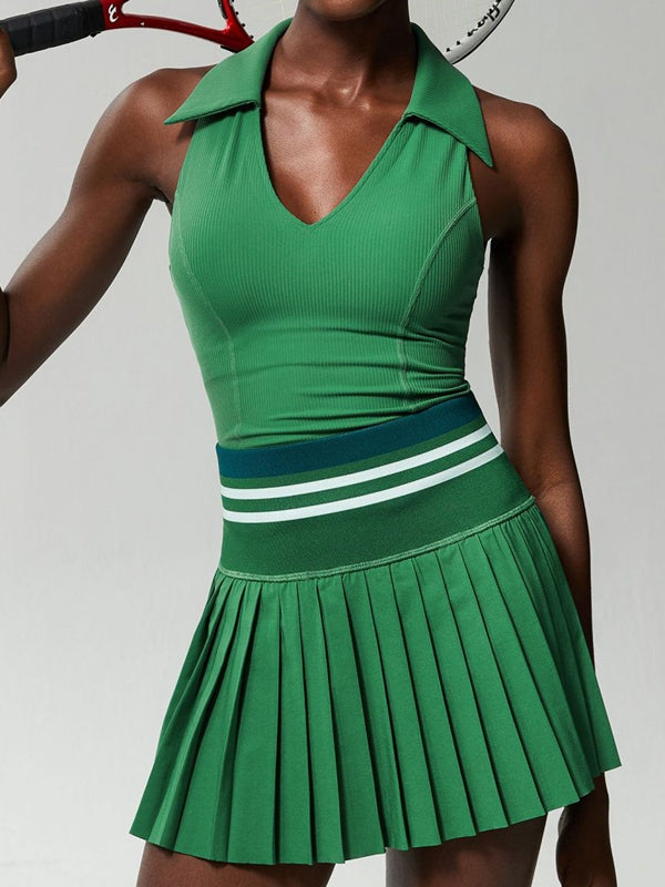 ZASUWA Women's 2-in-1 Tennis Skirt Set with V-Neck Collar & Pleated Design - Perfect for Tennis, Golf, Running & Casual Wear