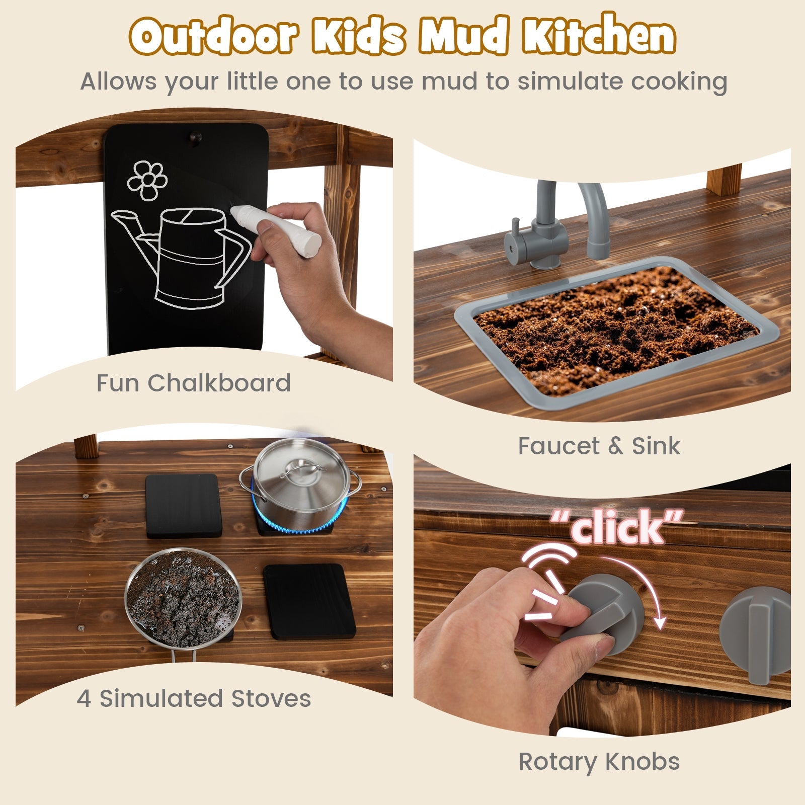 Natural Solid Wood Kids Mud Kitchen with Canopy - Outdoor Pretend Play Cooking Set for Toddlers & Children - Perfect for Backyard, Garden, and Playground Adventures