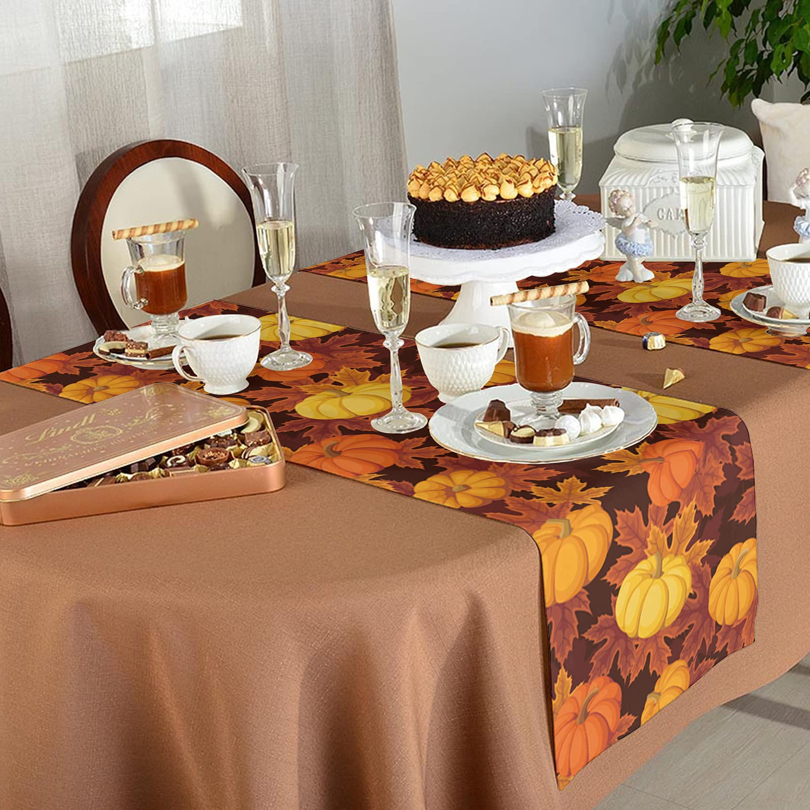 36 Inch Burlap Linen Table Runner - Farmhouse Autumn Decor for Thanksgiving, Fall Weddings & Banquets | Pumpkin Maple Design for Dining Tables, Coffee Tables & Dressers | Rustic Home & Kitchen Decor