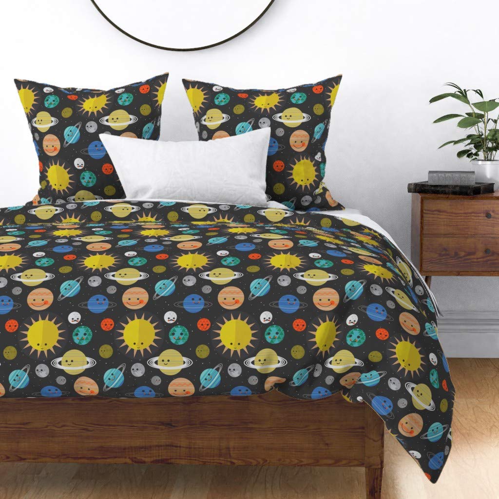 Solar System Space Planets Galaxy Print Cotton Sateen Duvet Cover - Full/Queen Size Custom Bedding for Kids Room, Nursery & Celestial Themed Decor