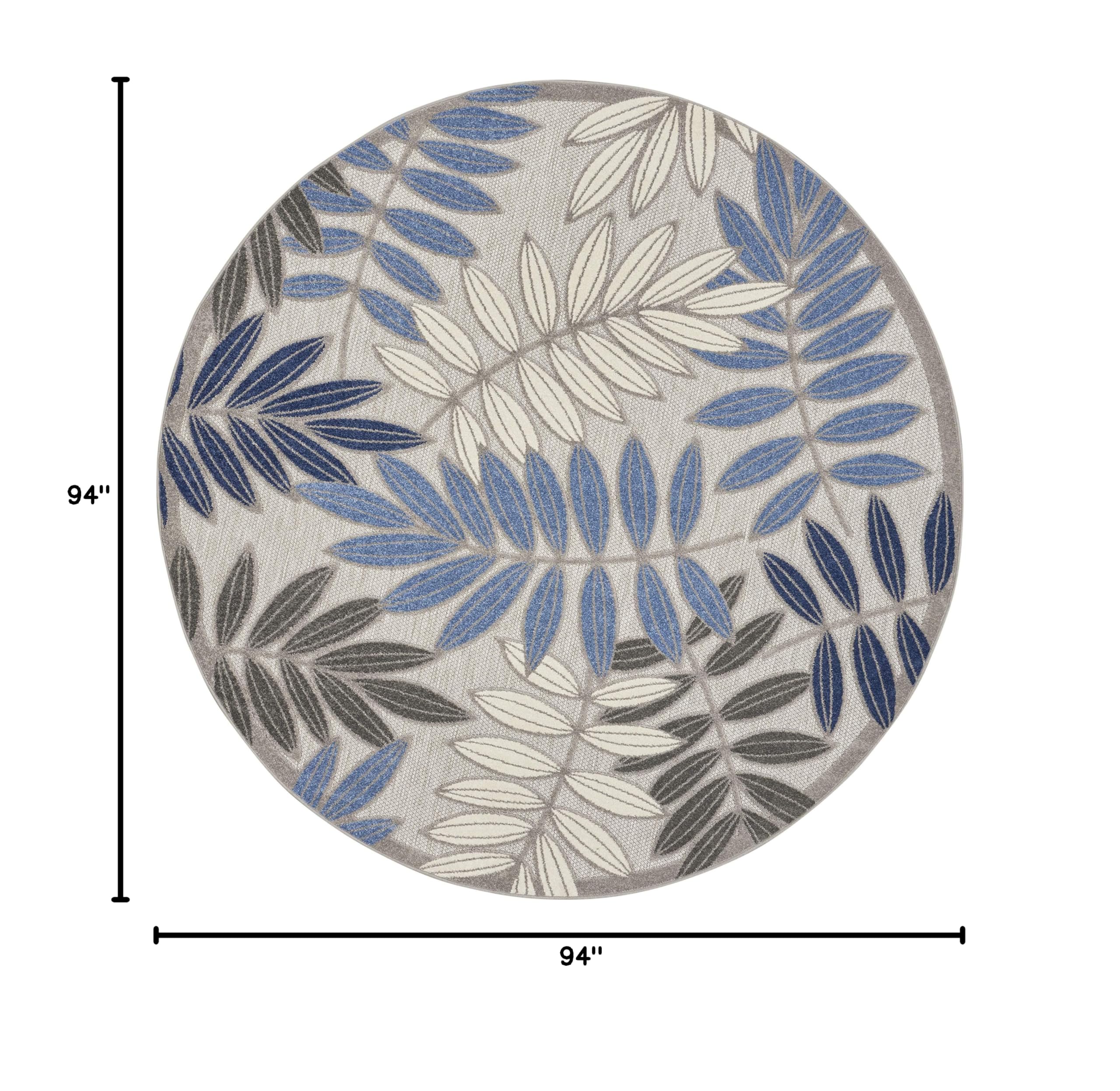 Nourison Aloha 8' Round Indoor/Outdoor Area Rug - Easy Clean, Non-Shedding, Stain Resistant - Perfect for Bedroom, Living Room, Dining Room, Backyard, Deck & Patio - Soft Grey & Blue Design for Coastal & Boho Decor