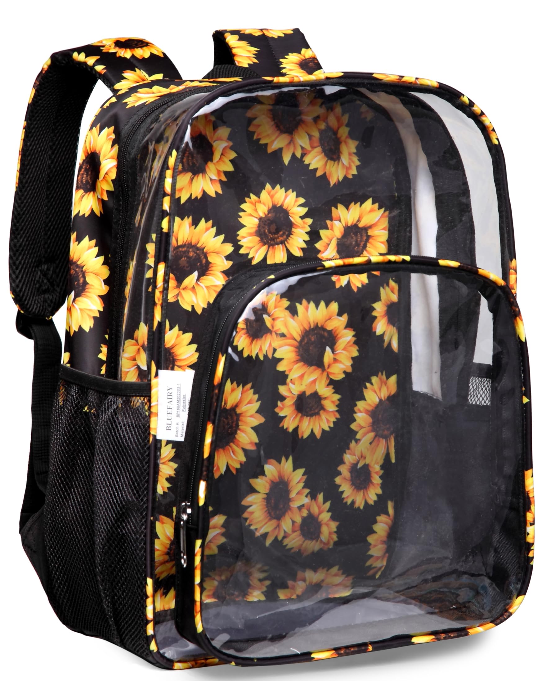 BLUEFAIRY Heavy Duty PVC Clear Backpack - Large Transparent See-Through Bookbag for Women & Girls | Perfect for Concerts, Work, Sports Events, College & Travel | Durable Sunflower Design Gift Idea