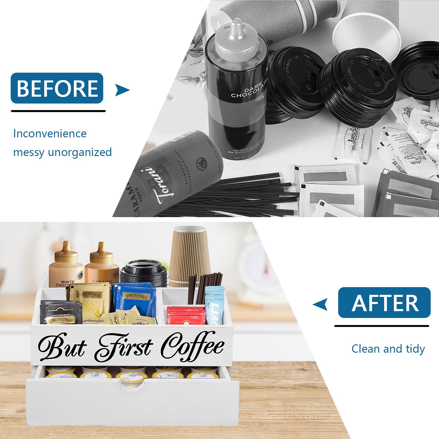 Wooden Coffee Station Organizer with Drawer - K-Cup Pod Holder, Tea Bag & Condiment Storage - Countertop Bar Accessories for Coffee Lovers - Perfect for Kitchen, Office & Home Decor Gift
