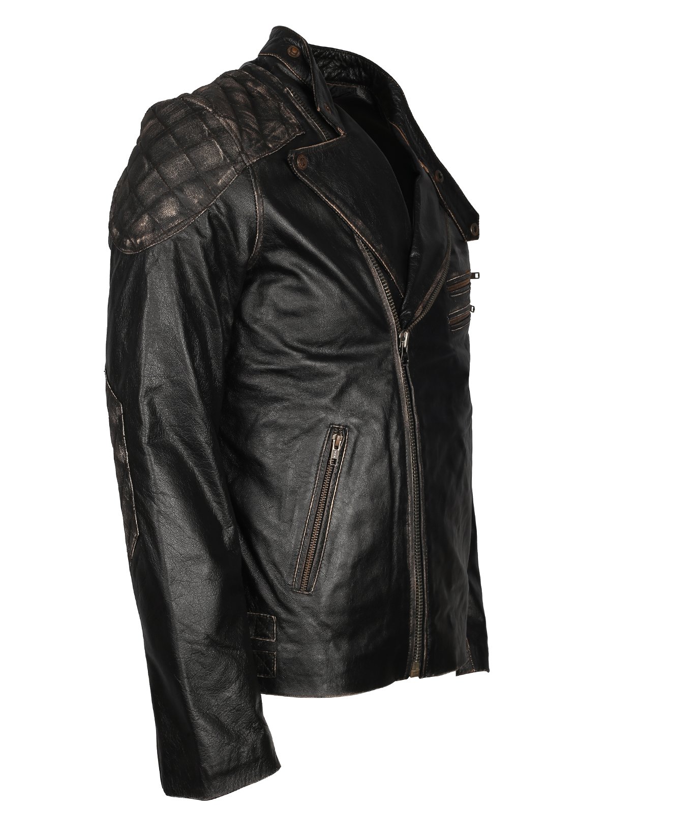Men's Vintage Black Distressed Leather Motorcycle Jacket with Skull & Bones Design - Genuine Cowhide Biker Jacket for Riding, Halloween Costume & Streetwear Fashion
