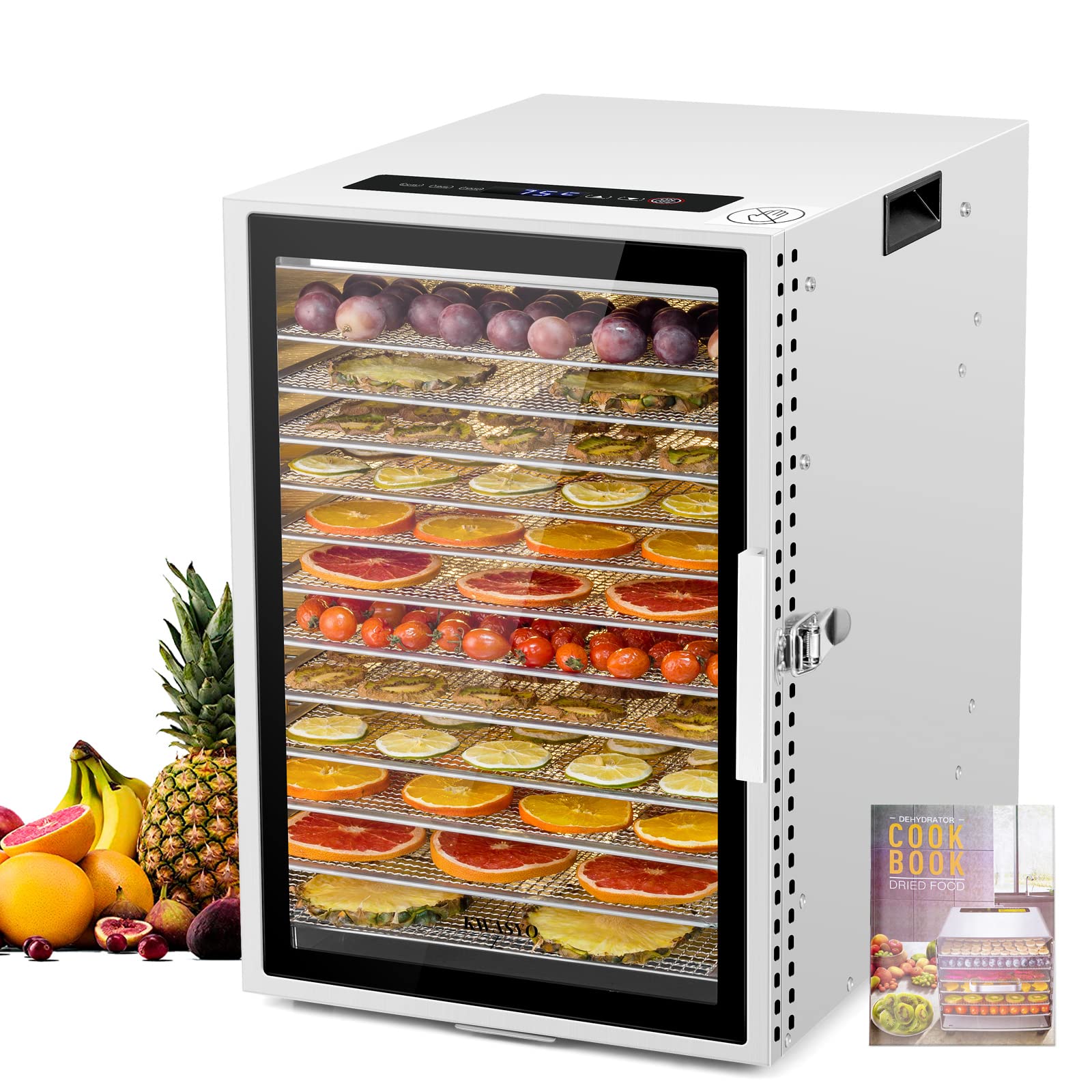 Kwasyo 12-Tray Stainless Steel Food Dehydrator with Dual Fan 360° Drying - 800W Electric Food Dryer for Jerky, Meat, Fruits, Vegetables & Pet Treats | Adjustable Timer (24H) & Temperature Control (68°F-194°F) | Overheat Protection | Perfect for Home Kitchen, Camping & Healthy Snack Preparation
