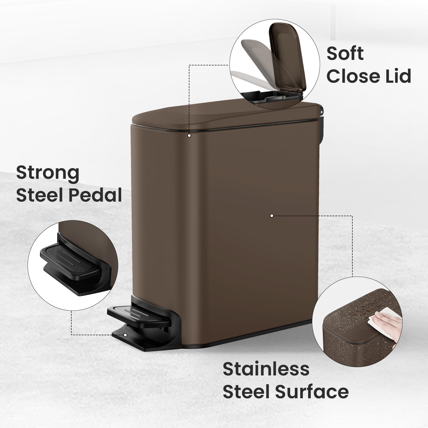 Cesun 6L/1.6 Gallon Stainless Steel Bathroom Trash Can with Soft Close Lid & Step Pedal - Removable Inner Bucket, Anti-Fingerprint Finish (Brown) - Perfect for Bathrooms, Kitchens, Offices & Small Spaces
