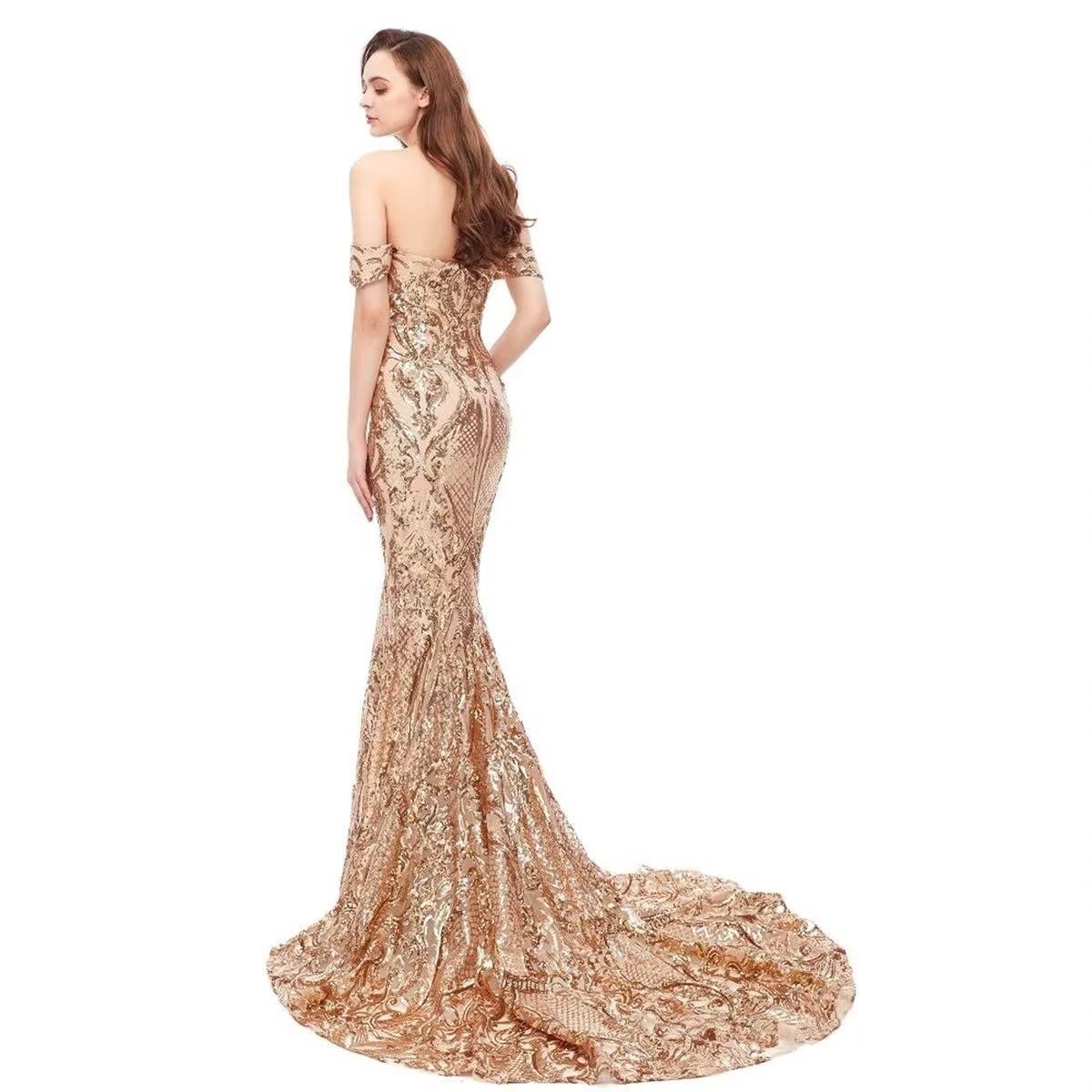 Elegant Women's Tulle Sequin Off-Shoulder Mermaid Gown - Long Backless Evening Dress for Cocktail Party, Prom, Pageant & Special Occasions