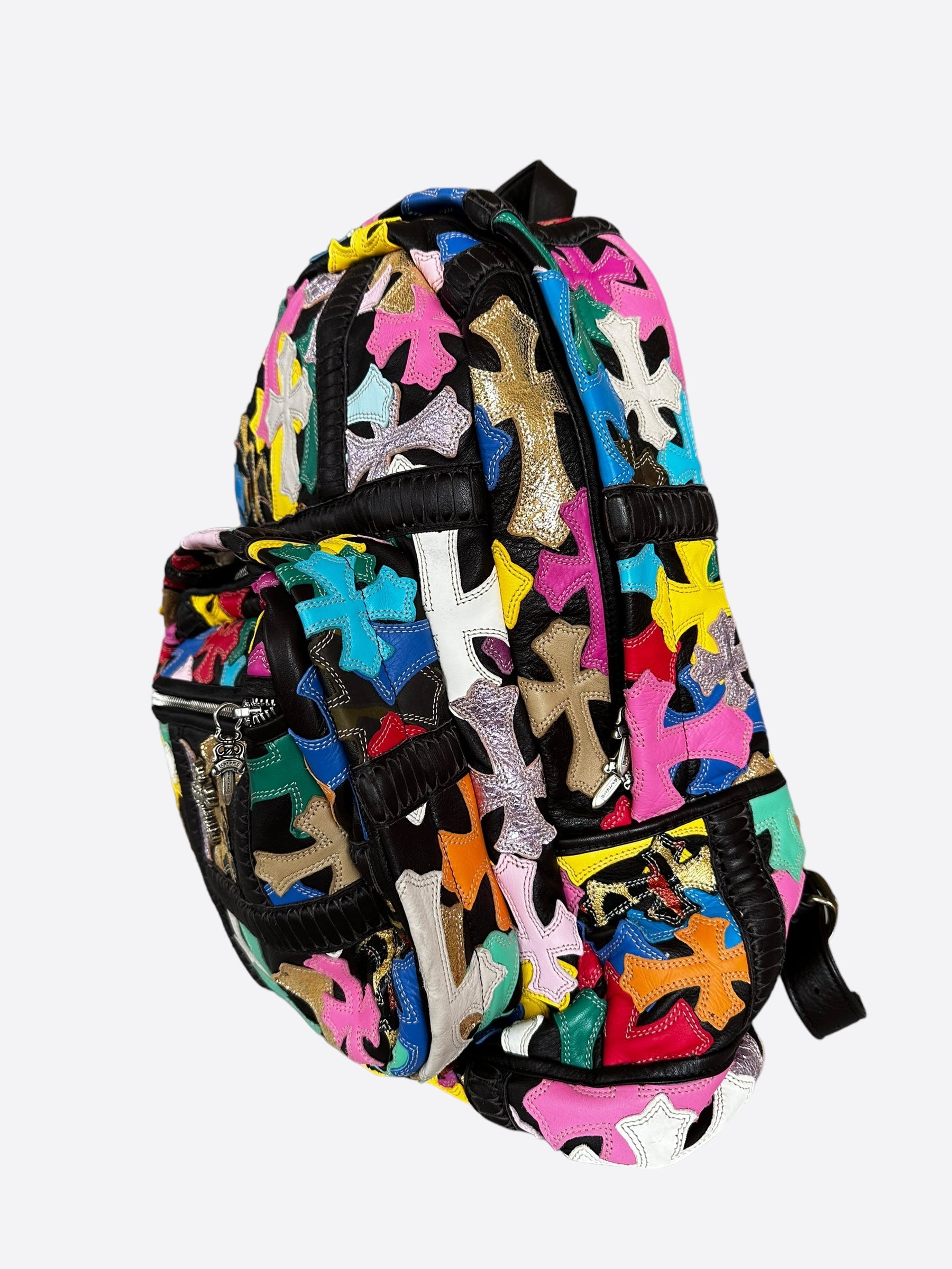 Chrome Hearts Black Multicolor Cross Patch Leather Backpack for Women & Men - Stylish Gothic Fashion Accessory for Travel, School & Daily Use