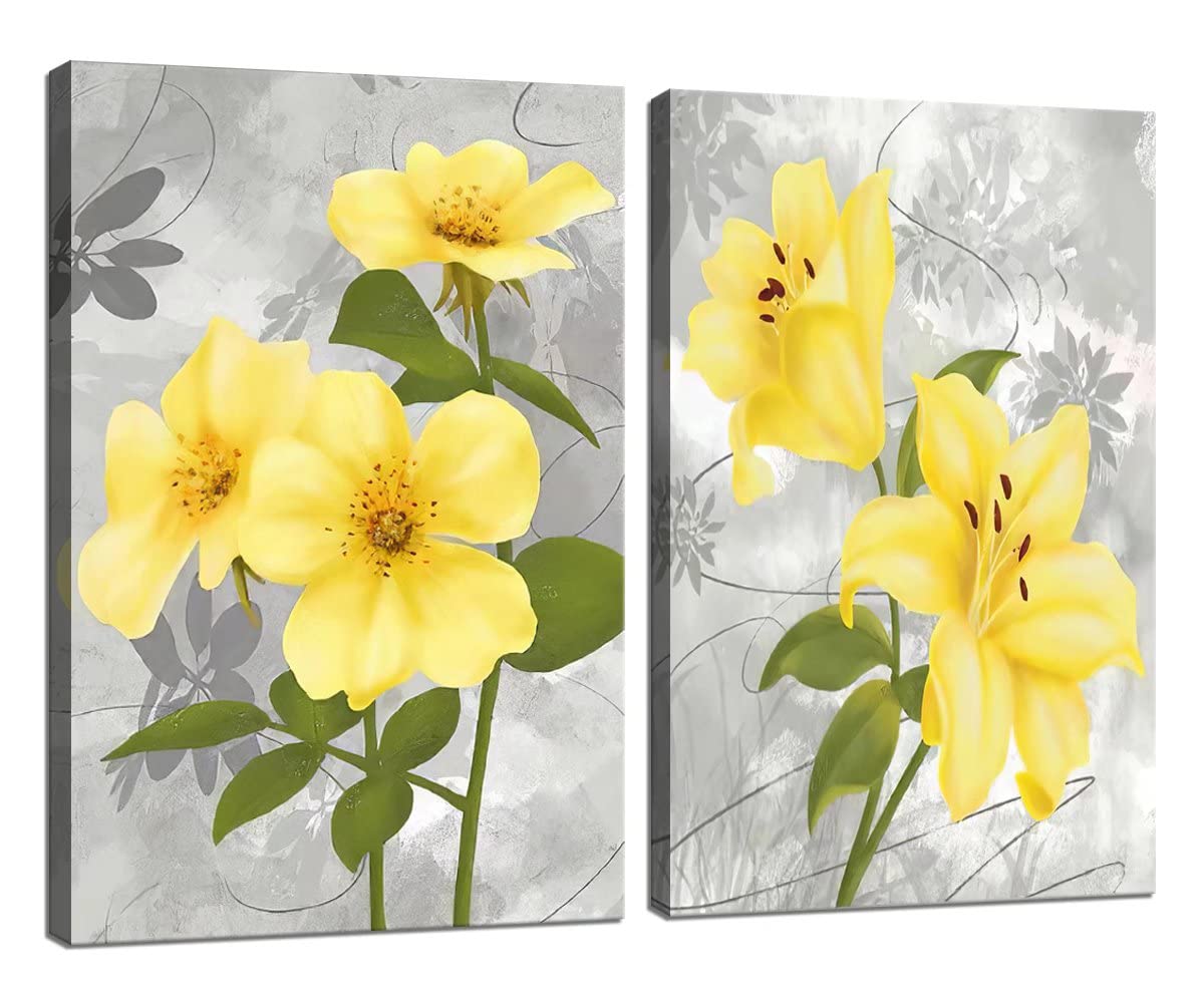 Vibrant Yellow Floral Canvas Wall Art - 2 Piece Framed Painting Set for Dining Room, Bathroom & Living Room Decor | Ready to Hang Flower Artwork | Perfect for Home, Office & Gift Giving