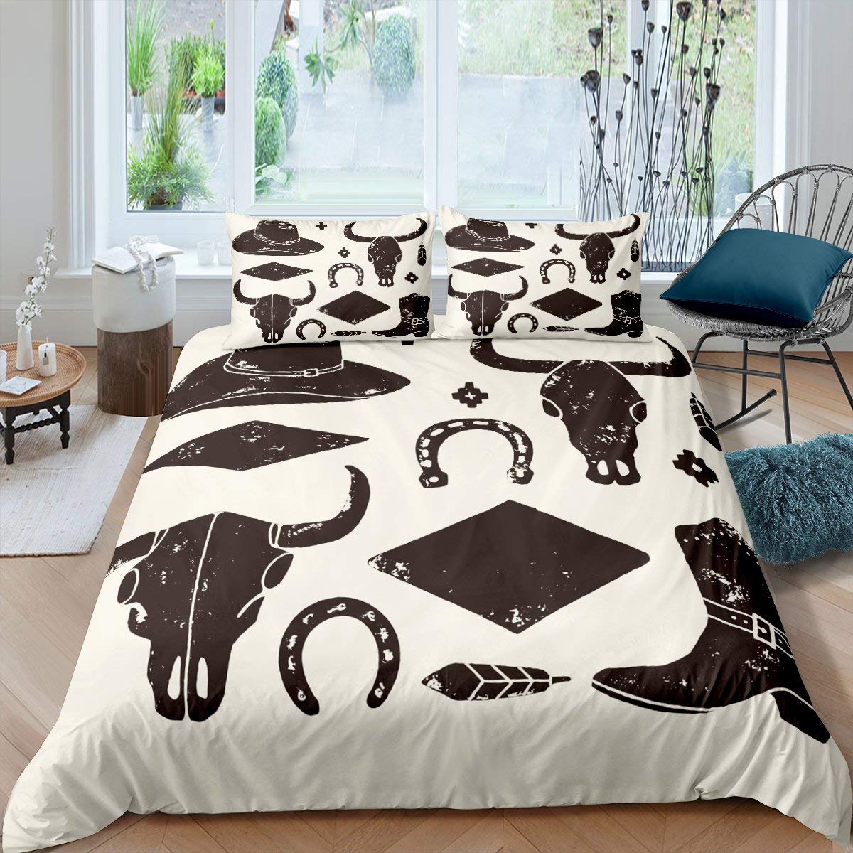 Wild Western Rodeo Style Bull Skull Duvet Cover Set - Vintage Twin Size Bedding for Kids (2Pcs) with Zipper Closure | Perfect for Boys & Girls Room Decor, Cowboy Themed Bedrooms and Western Home Decor