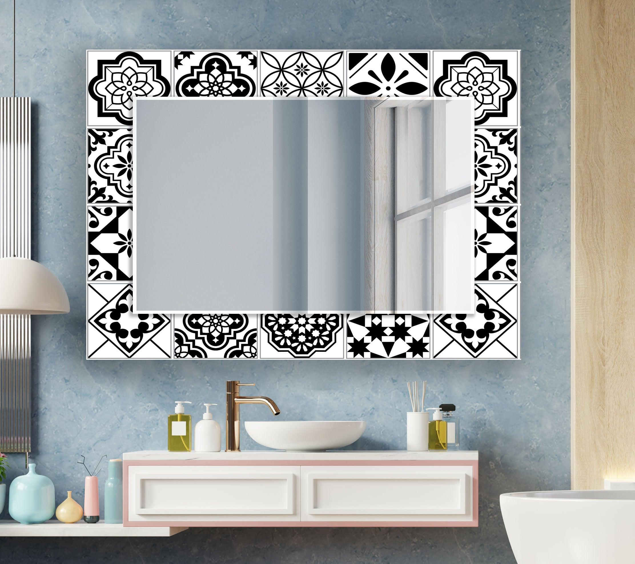 Black and White Mosaic Wall Mirror - Decorative Bathroom Vanity Mirror for Home Decor, Living Room, Bedroom, or Entryway