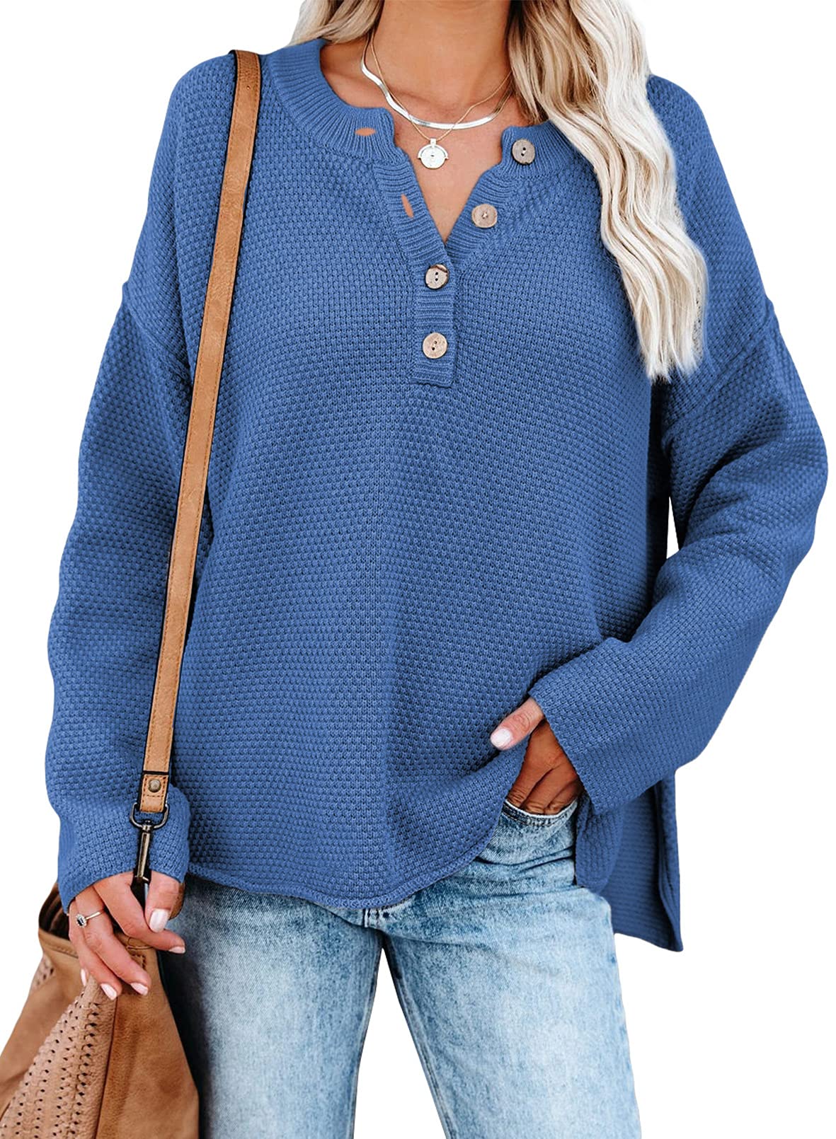 SHEWIN Women's Waffle Knit V-Neck Sweater Long Sleeve Button Henley Pullover Top - Casual Loungewear, Office Outfit & Fall Layering Essential