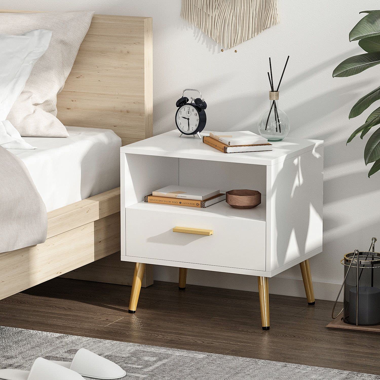 FAMAPY Set of 2 Modern Nightstands with Drawer & Open Shelf, White End Tables with Gold Metal Legs - 19.5
