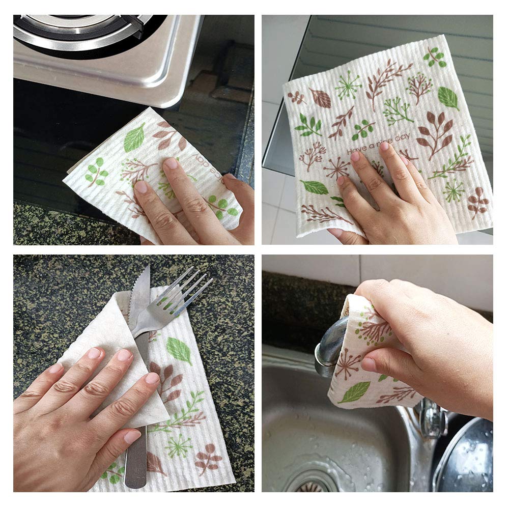 **Eco-Friendly Swedish Dishcloths Set of 4 - Super Absorbent, Fast Drying, Reusable Kitchen Towels for Cleaning & Wiping (Leaf Design) - Perfect for Dishes, Countertops, and Stainless Steel**