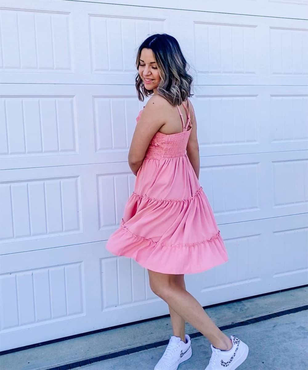 Women's Summer Casual V-Neck Smocked Mini Dress - Strappy Lace Short Beach Sundress for Vacation, Pool Party & Outdoor Date Night