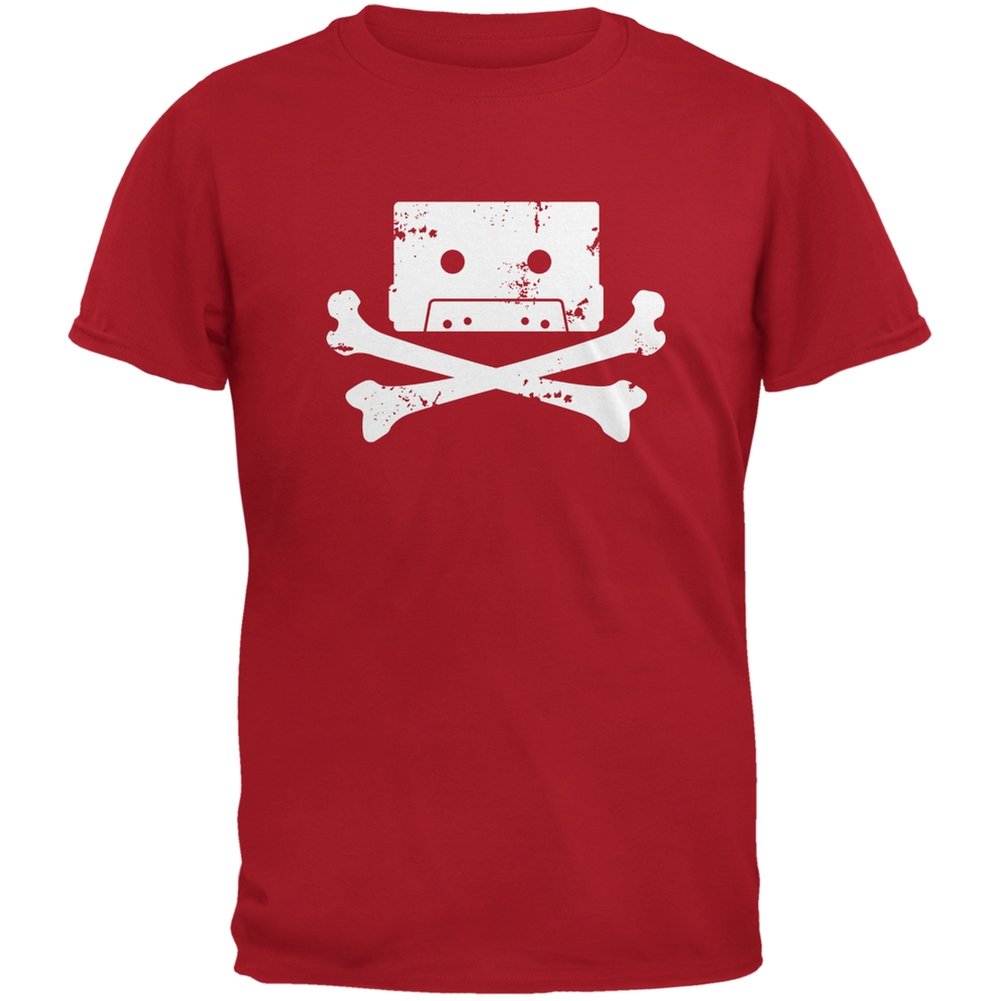 Vintage Cassette Tape & Crossbones Graphic Red Adult T-Shirt - Retro Music Lover Tee for Concerts & Casual Wear