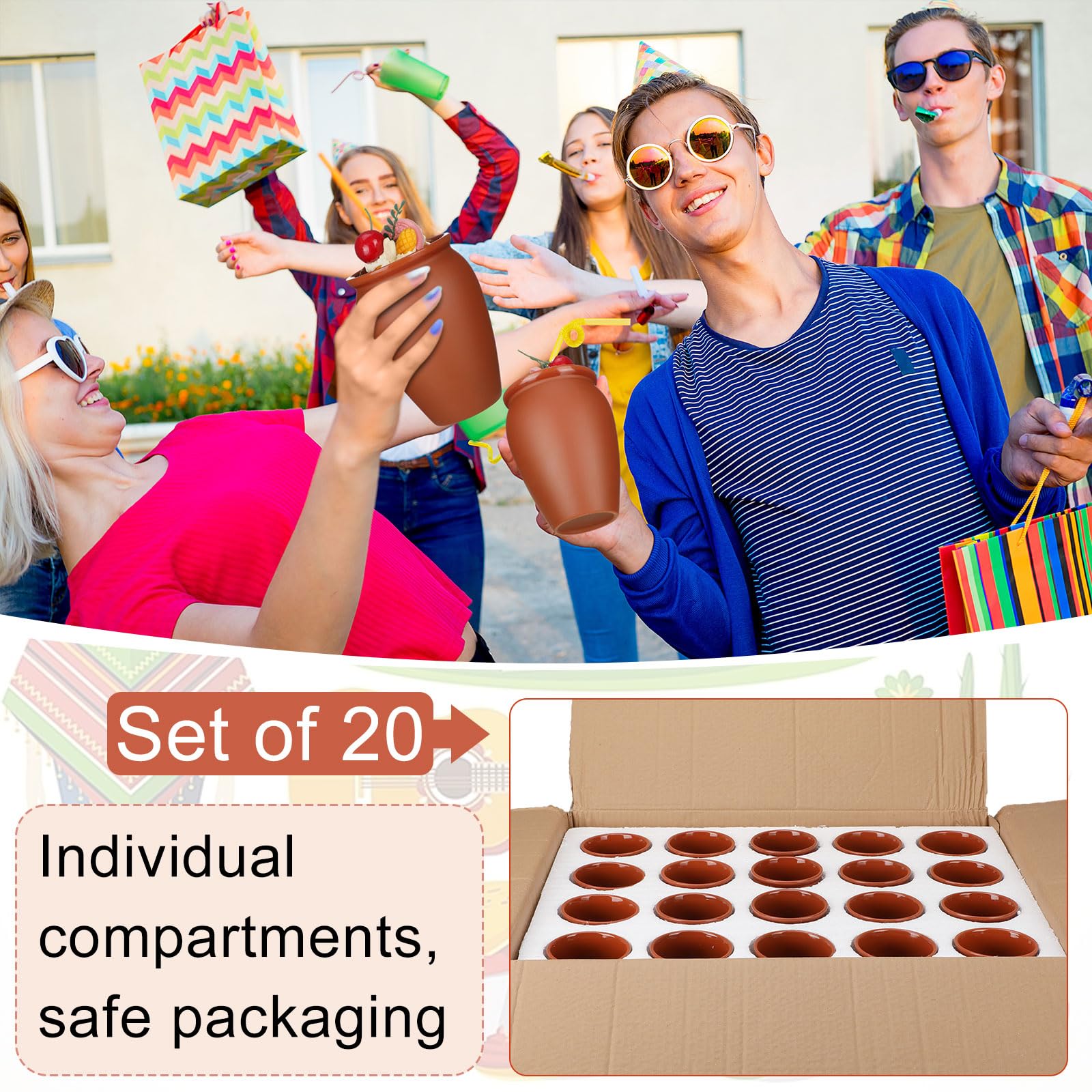 Gejoy 16 oz Mexican Clay Cantaritos Shooters - Set of 20 Handcrafted Pottery Cups for Margaritas, Mojitos & Cocktails | Perfect for Taco Tuesday, Fiesta Parties & Mexican-Themed Events