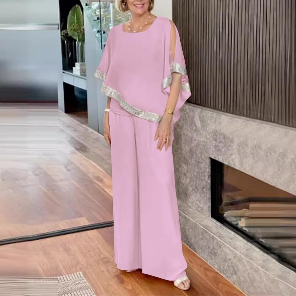 Elegant Women's 2-Piece Sequin Chiffon Pant Suit Set for Wedding Guest, Mother of the Bride & Formal Occasions - Perfect for Weddings, Parties & Special Events