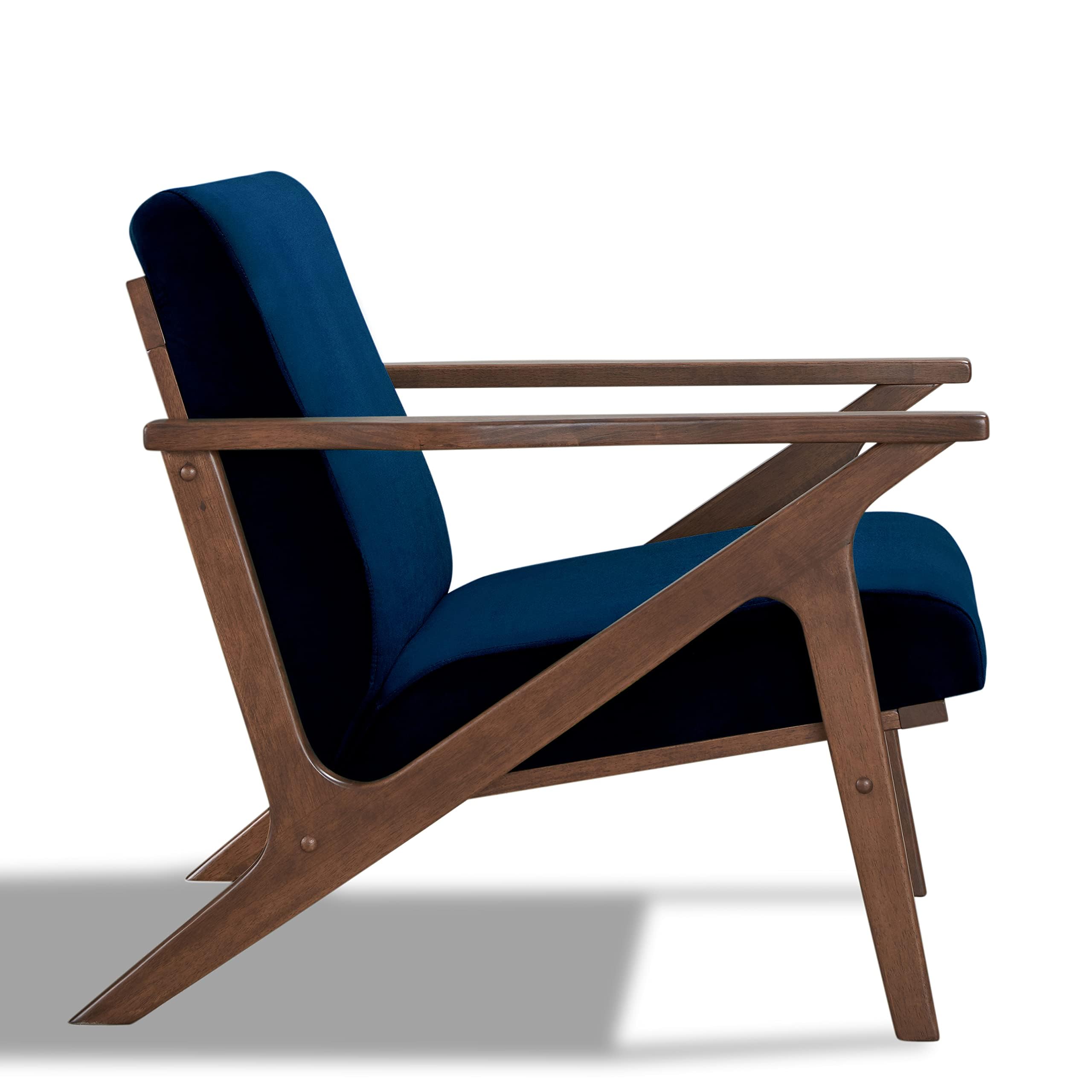 Zola Mid Century Modern Accent Chair - Solid Wood Frame Blue Velvet/Walnut Armchair for Living Room, Bedroom & Reading Nook | Stylish Home Decor & Comfortable Seating for Relaxation