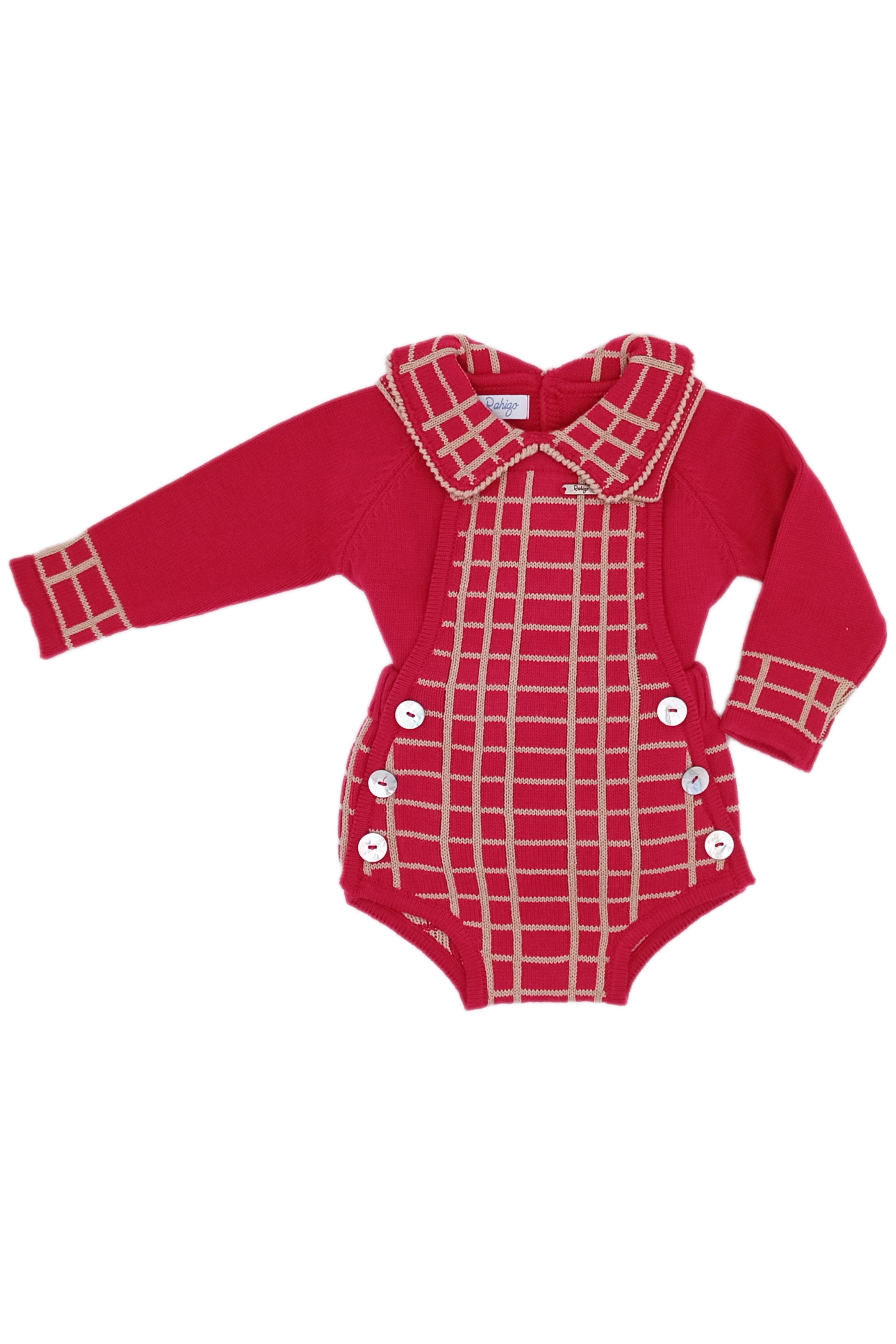 Vinnie Red & Camel Check Knit Dungaree Romper Set for Baby Girls - Soft Cotton Jumpsuit Outfit for Playdates, Photoshoots & Casual Wear