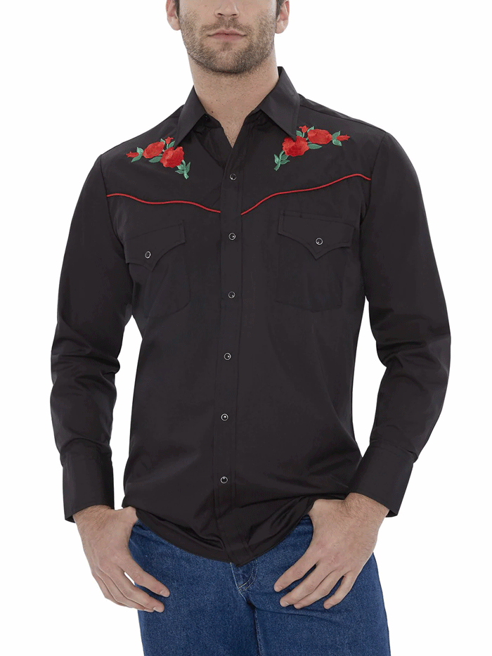 Ely Cattleman 15203901 88 Men's Black Western Shirt with Rose Embroidery - Long Sleeve Cowboy Shirt for Rodeo, Country Music Festivals & Western Style Outfits