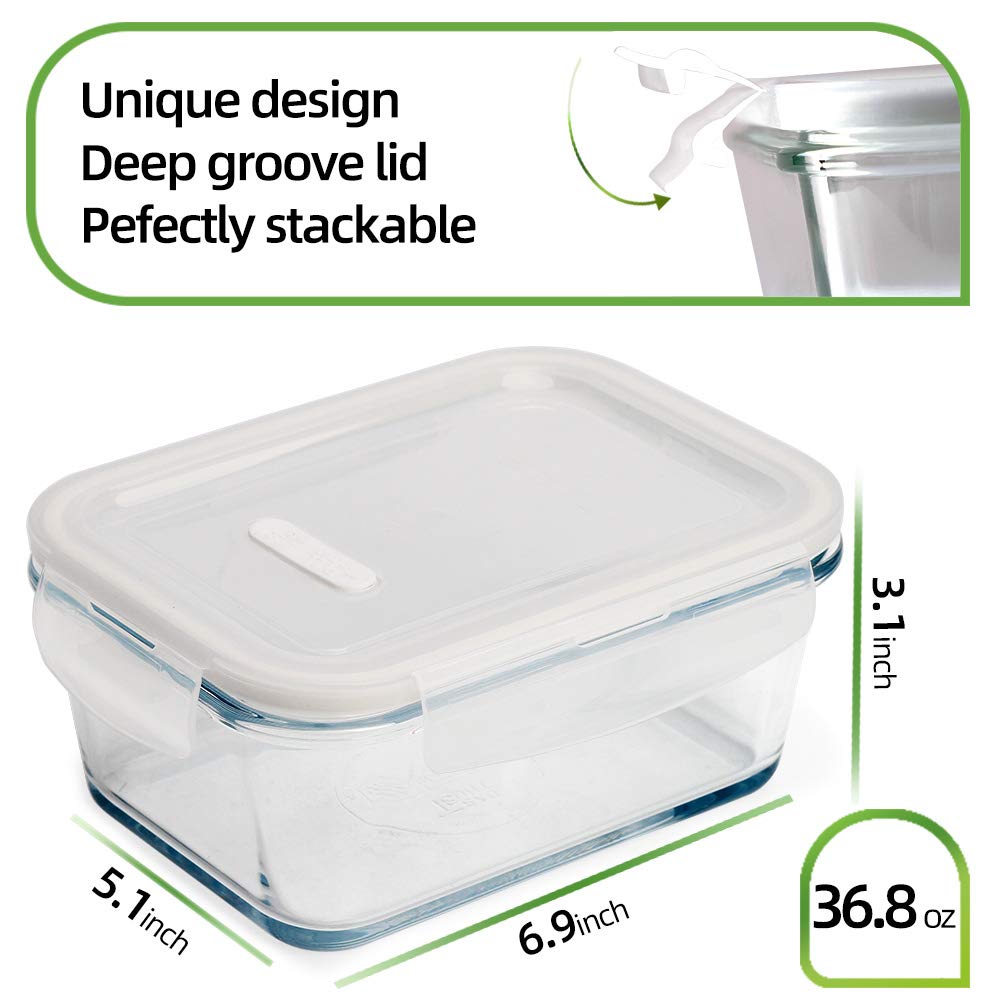 5-Pack 36 Oz Glass Meal Prep Containers with Locking Lids - Airtight Food Storage Containers for Lunch, Microwave, Oven, Freezer & Dishwasher Safe (4.5 Cup, White) - Perfect for Meal Prepping, Leftovers & Office Lunches