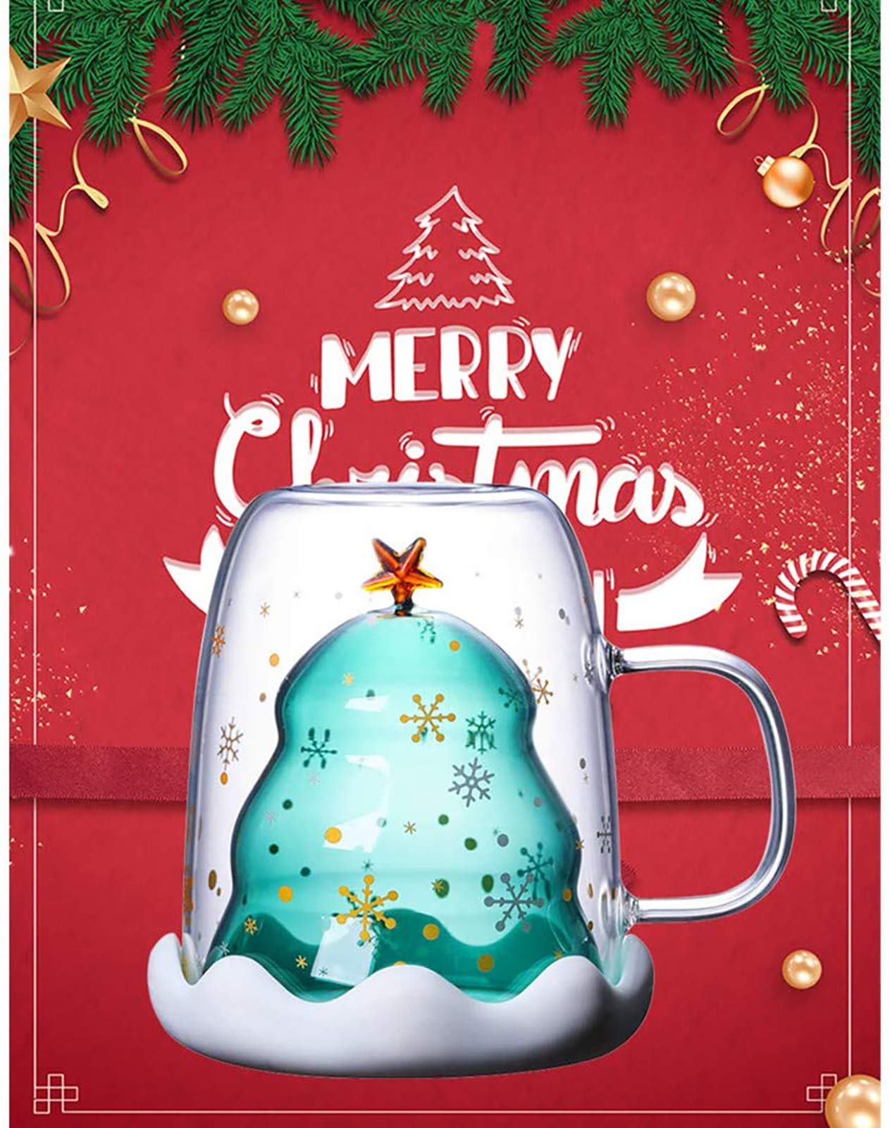 Christmas Tree Shaped Double Wall Coffee Glass Mug - Insulated Cute Couple Cup for Hot & Cold Drinks - Romantic Valentine's Day, Christmas & Birthday Gift (Blue) - Perfect for Holiday Coffee Dates, Cozy Winter Mornings & Couple Gift Exchanges