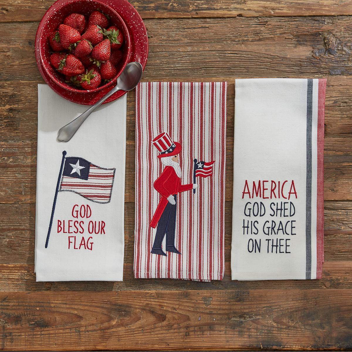 American God Shed His Grace Embroidered Dish Towel Set of 2 - Patriotic Kitchen Towels for Drying Dishes & Decor - Perfect for 4th of July, Thanksgiving & American Home Decor