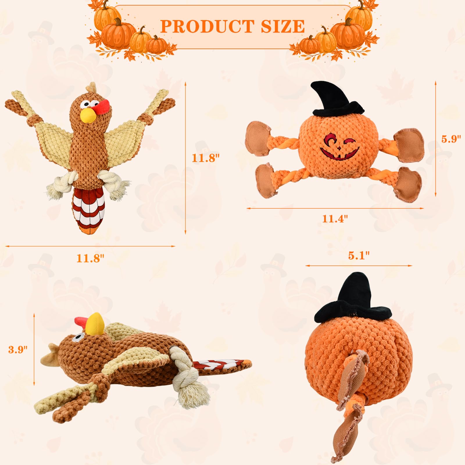 Vehomy Halloween & Thanksgiving Dog Toys - 2PCS Squeaky Pumpkin & Turkey Chew Toys for Small to Medium Dogs - Interactive Puppy Tug of War Toy for Holiday Playtime & Training