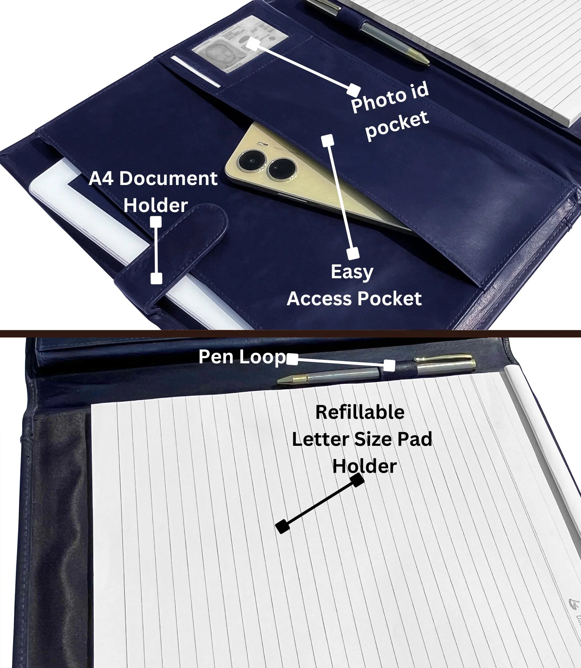 Handmade Genuine Leather Padfolio - Professional Document Organizer with Notepad Holder (Blue) - Perfect for Business Meetings, Office Use & Gifts