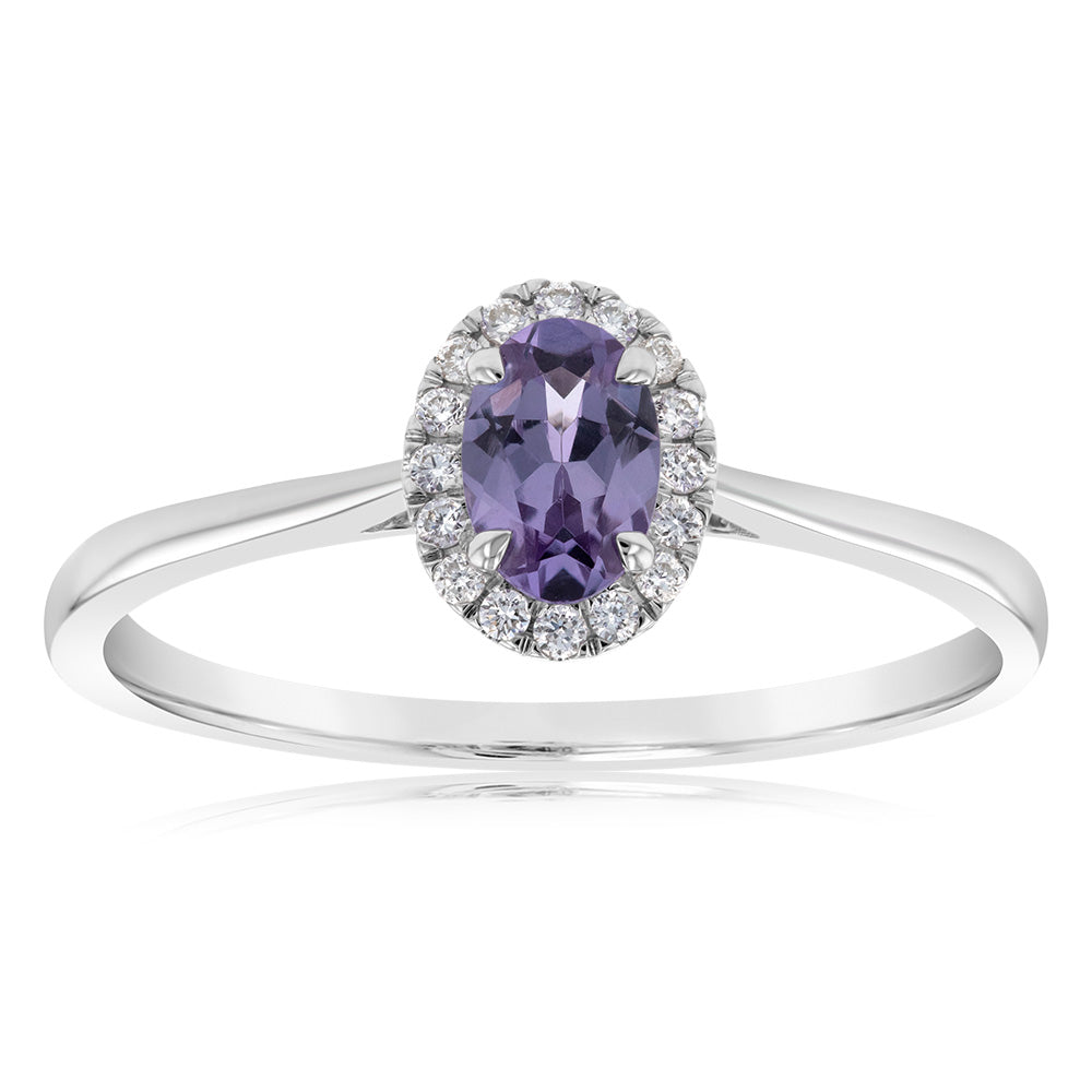 9ct White Gold Oval Alexandrite & Diamond Halo Ring for Women | Elegant Birthstone Jewelry Gift for Anniversary, Engagement & Special Occasions