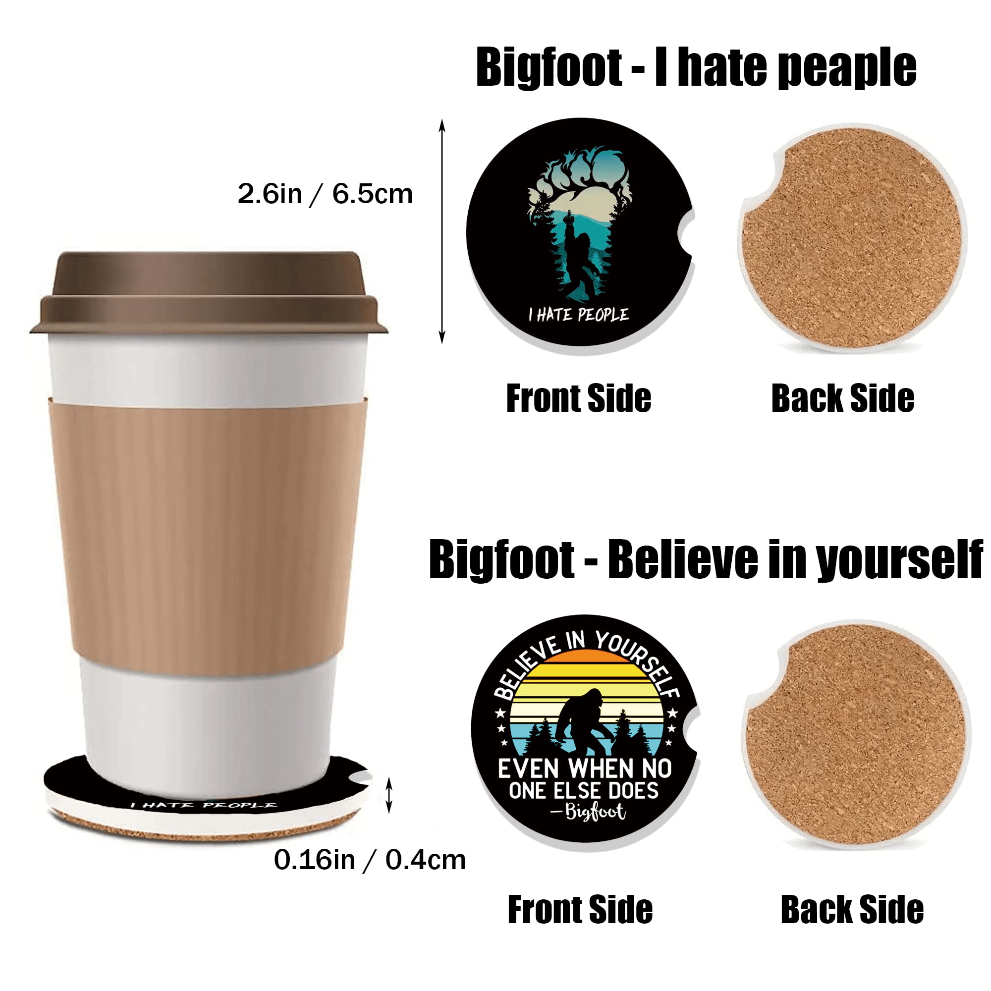 2 Pack Bigfoot Car Coasters for Men - Funny Sasquatch Cup Holder Drink Mats, Durable Car Accessories, Perfect Gift for Men, Friends, Colleagues - Ideal for Road Trips, Camping, and Outdoor Adventures